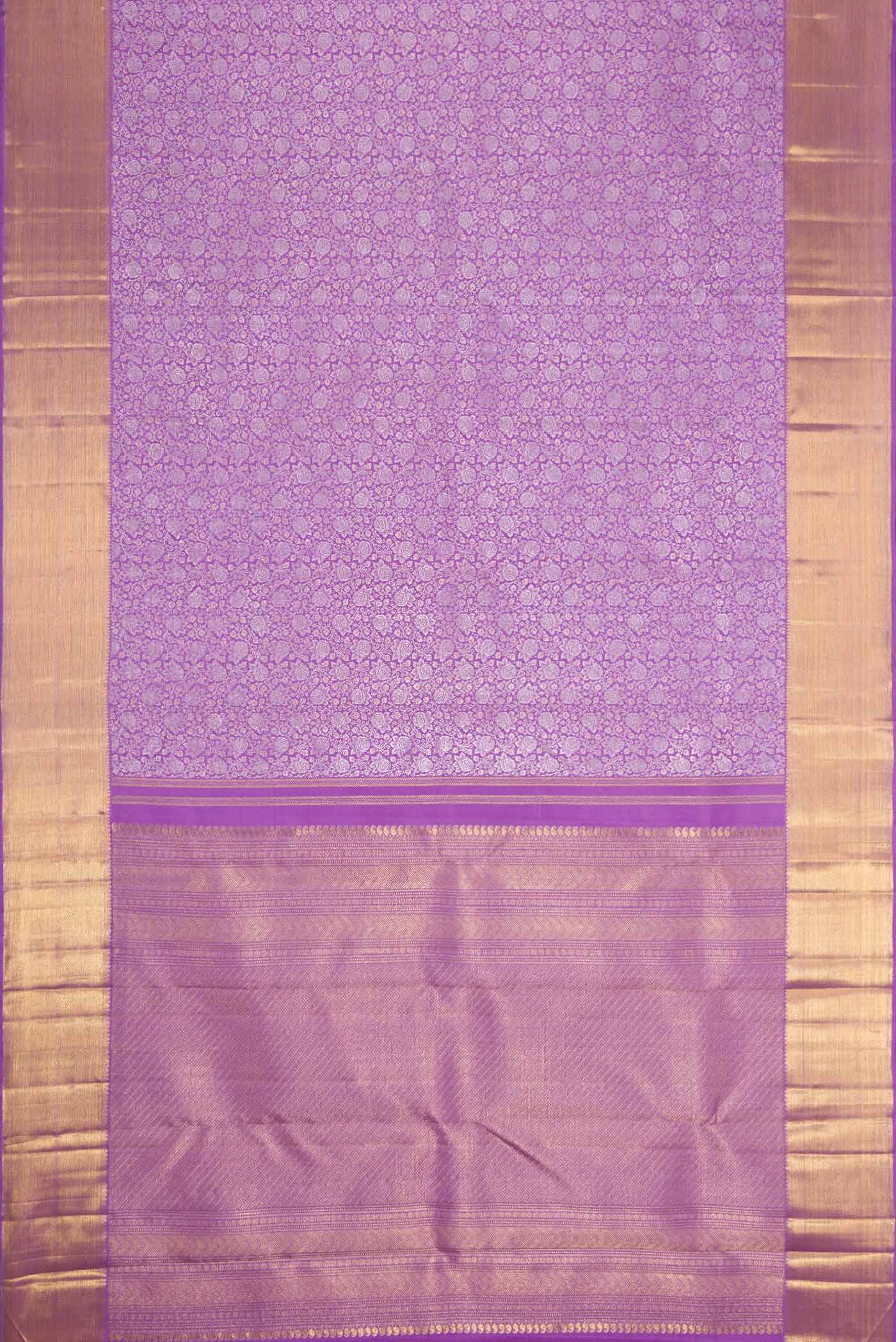 Flat view of Pure Silk Pure Zari Lavender Dual Tone Kanchipuram Saree with Zari Brocade on the body and Zari Border