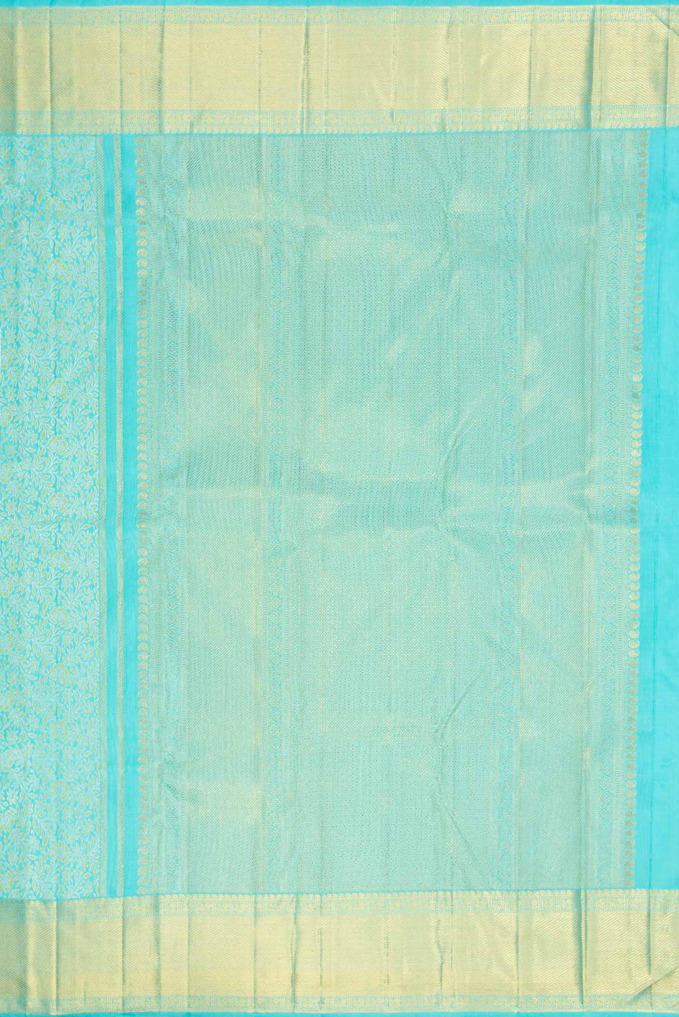 Close up image of the pallu of Pure Silk Pure Zari Sky Blue Dual Tone Kanchipuram Saree with Zari Brocade on the body and Zari Border