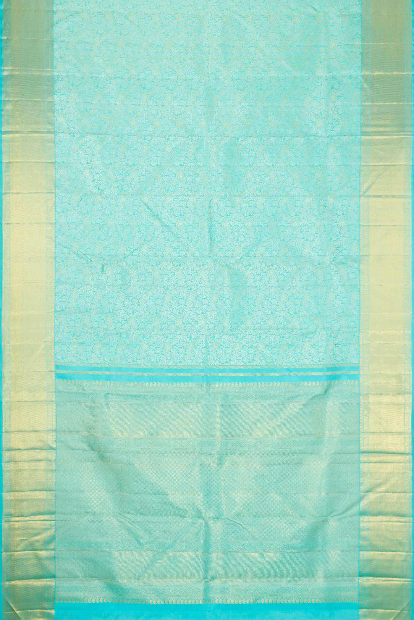 Flat view of Pure Silk Pure Zari Sky Blue Dual Tone Kanchipuram Saree with Zari Brocade on the body and Zari Border
