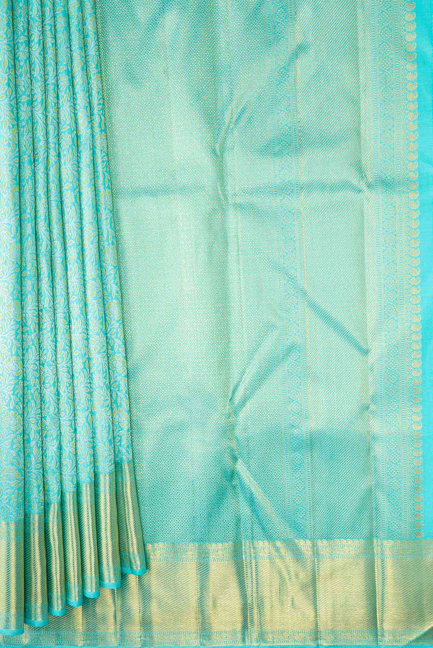 Pleats and pallu of Pure Silk Pure Zari Sky Blue Dual Tone Kanchipuram Saree with Zari Brocade on the body and Zari Border