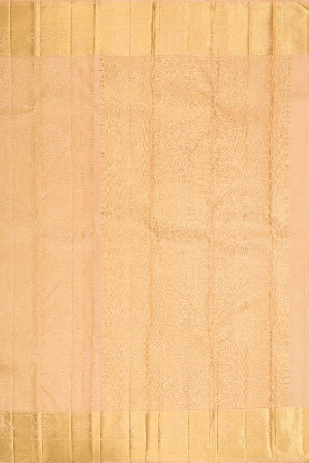 Close up image of the pallu of Pure Silk Pure Zari Golden Peach Dual Tone Kanchipuram Saree with Zari Brocade on the body and Zari Border