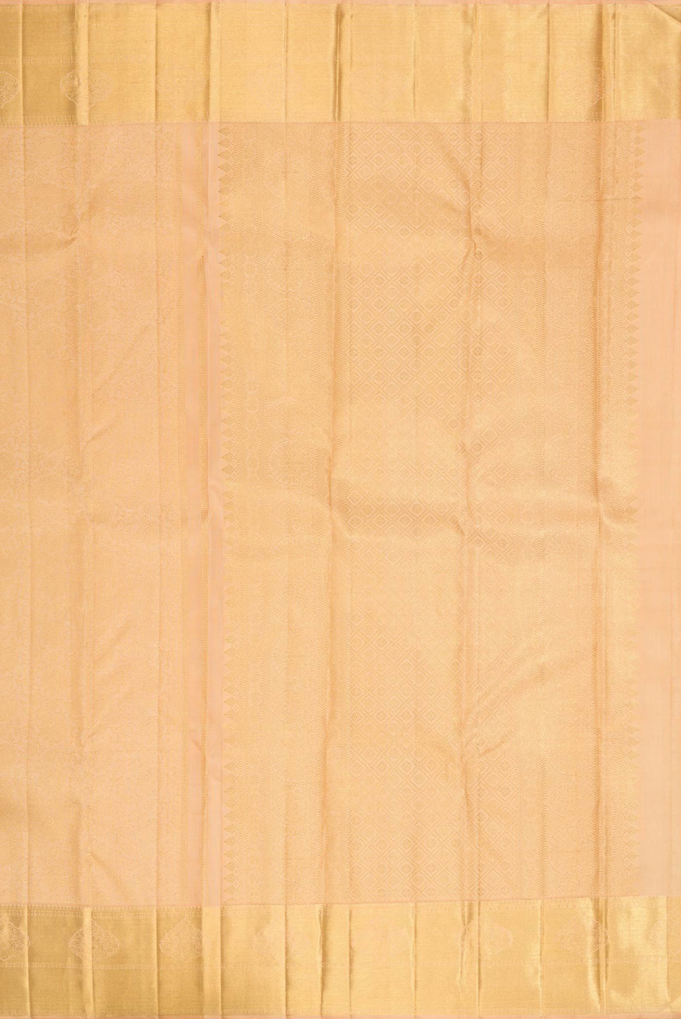 Close up image of the pallu of Pure Silk Pure Zari Golden Peach Dual Tone Kanchipuram Saree with Zari Brocade on the body and Zari Border