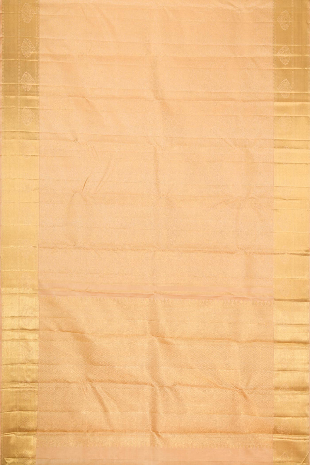 Flat view of Pure Silk Pure Zari Golden Peach Dual Tone Kanchipuram Saree with Zari Brocade on the body and Zari Border