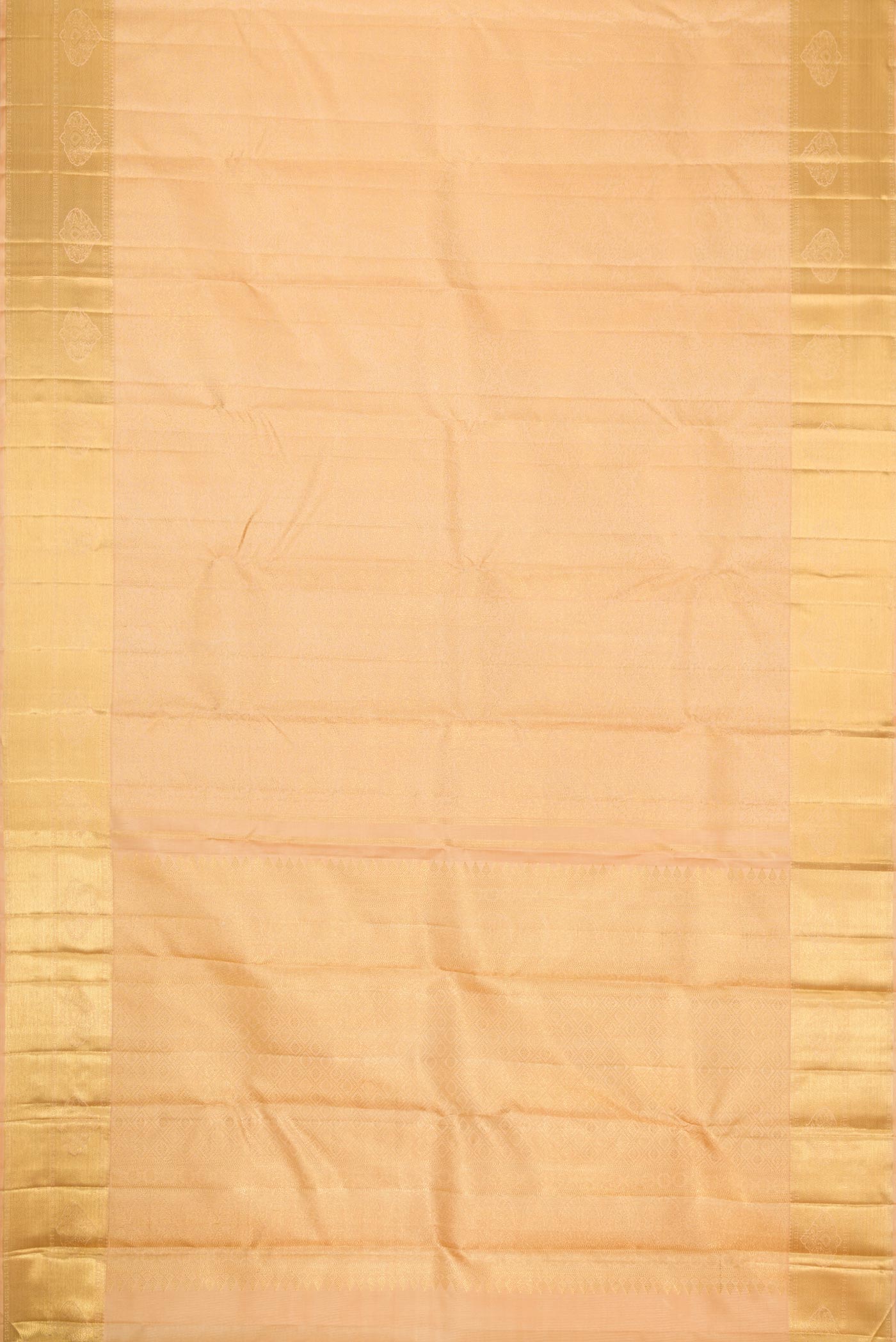 Flat view of Pure Silk Pure Zari Golden Peach Dual Tone Kanchipuram Saree with Zari Brocade on the body and Zari Border