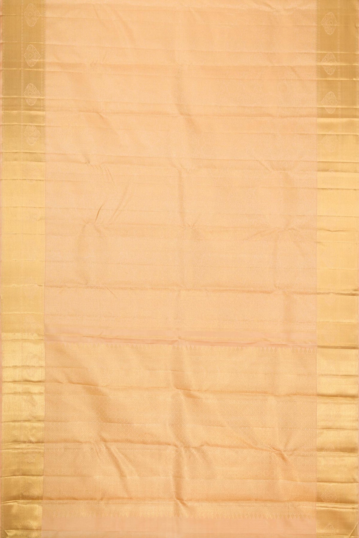 Flat view of Pure Silk Pure Zari Golden Peach Dual Tone Kanchipuram Saree with Zari Brocade on the body and Zari Border