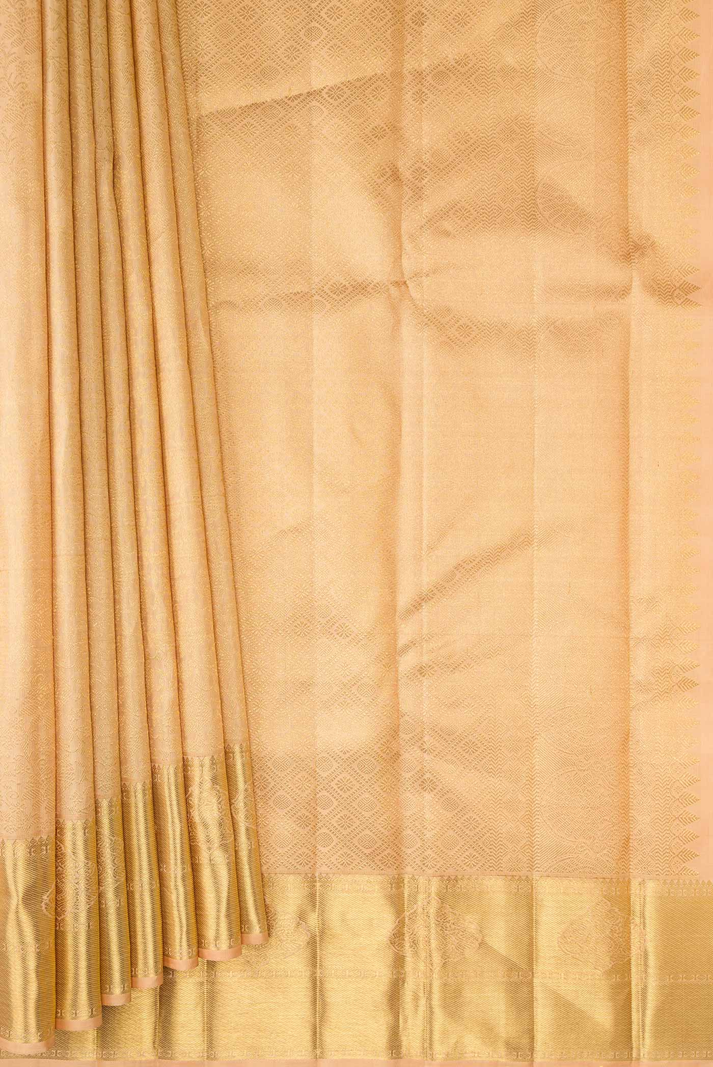 Pleats and pallu of Pure Silk Pure Zari Golden Peach Dual Tone Kanchipuram Saree with Zari Brocade on the body and Zari Border