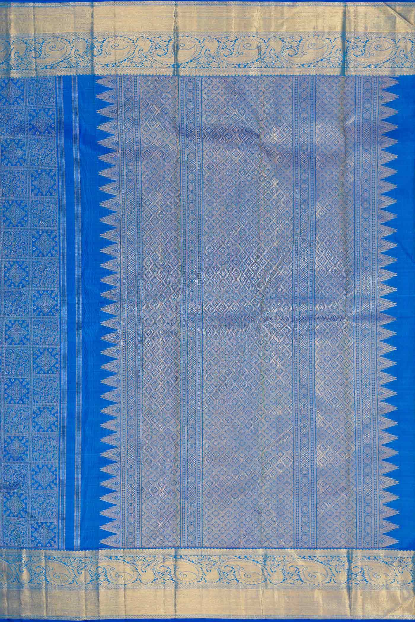 Close up image of the pallu of Pure Silk Pure Zari Peacock Blue Dual Tone Kanchipuram Saree with Zari Brocade on the body and Zari Border