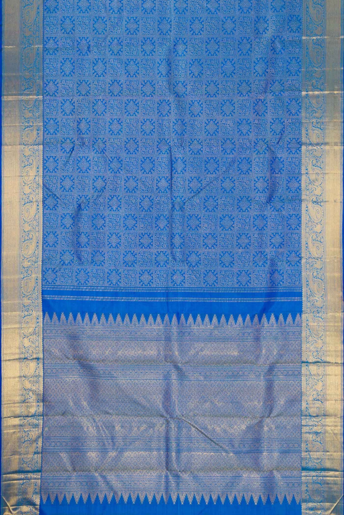 Flat view of Pure Silk Pure Zari Peacock Blue Dual Tone Kanchipuram Saree with Zari Brocade on the body and Zari Border