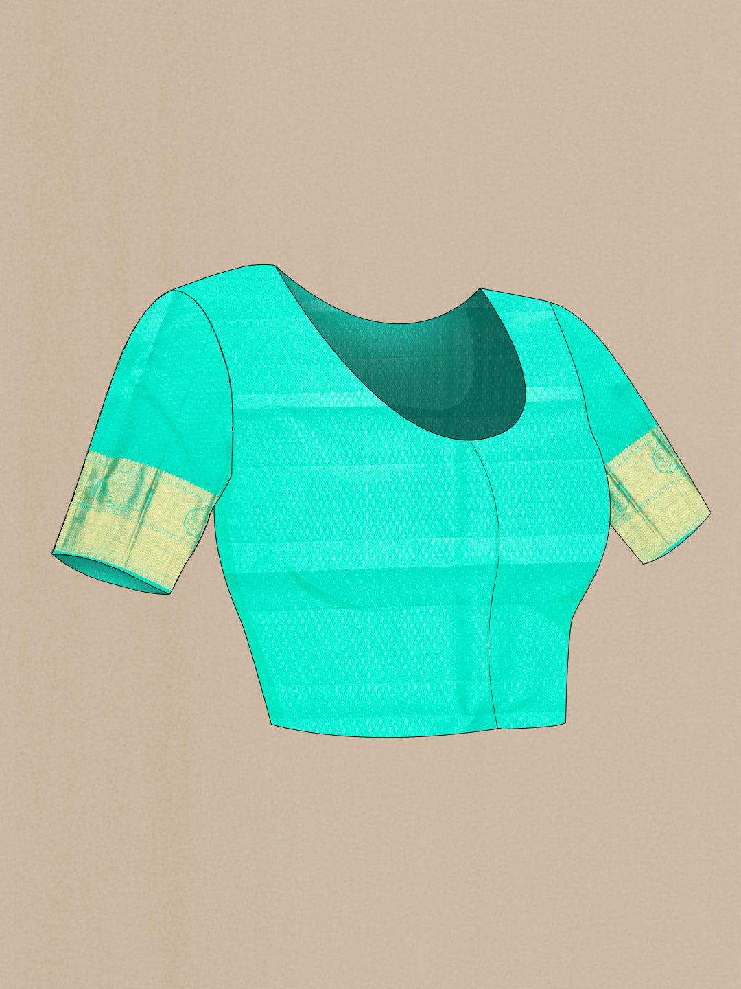 Close up image of the blouse of Pure Silk Pure Zari Sea Green Dual Tone Kanchipuram Saree with Zari Brocade on the body and Zari Border