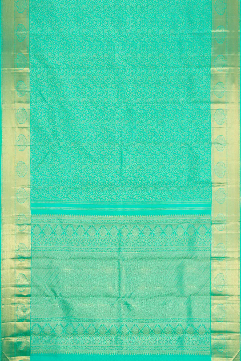 Flat view of Pure Silk Pure Zari Sea Green Dual Tone Kanchipuram Saree with Zari Brocade on the body and Zari Border