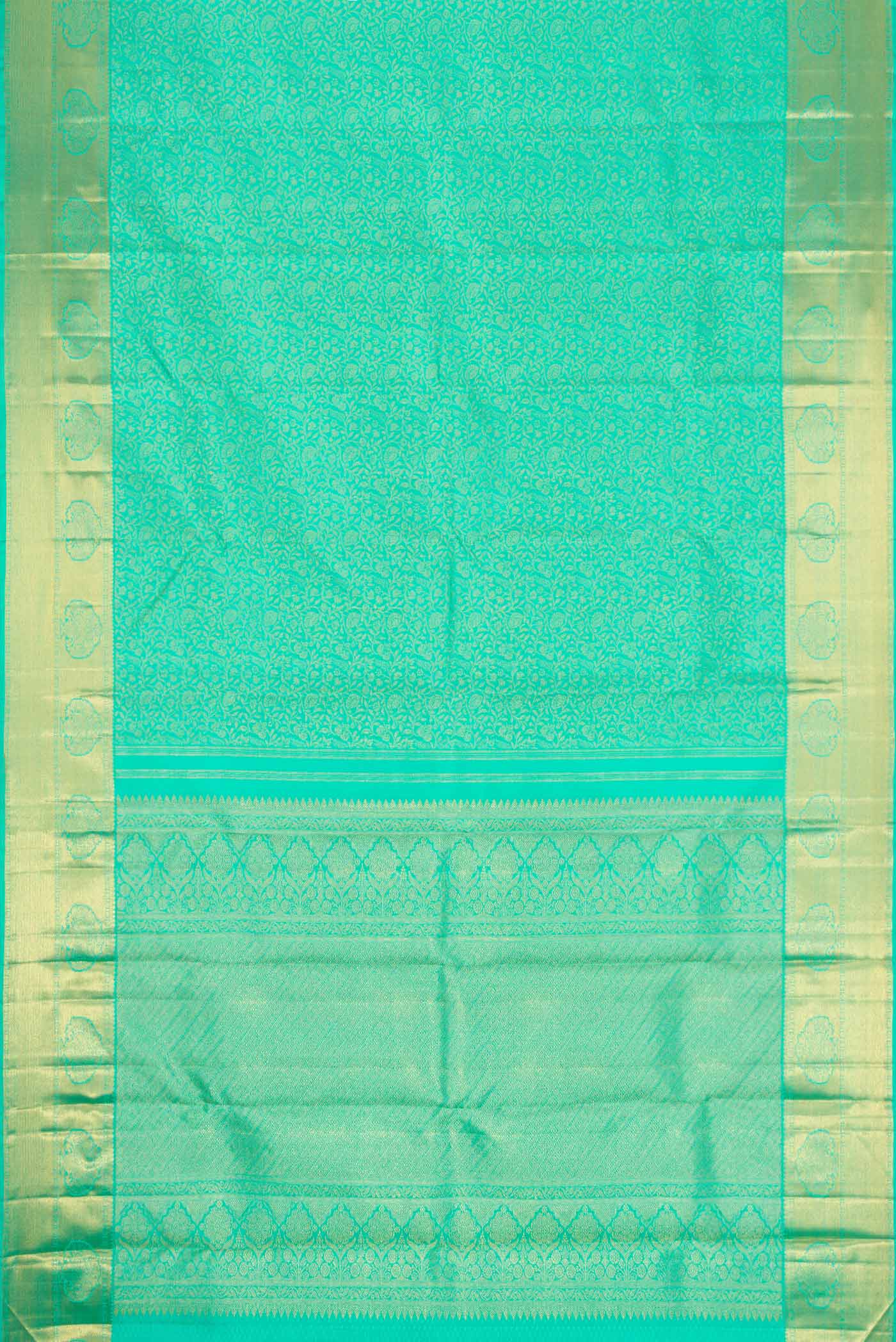 Flat view of Pure Silk Pure Zari Sea Green Dual Tone Kanchipuram Saree with Zari Brocade on the body and Zari Border