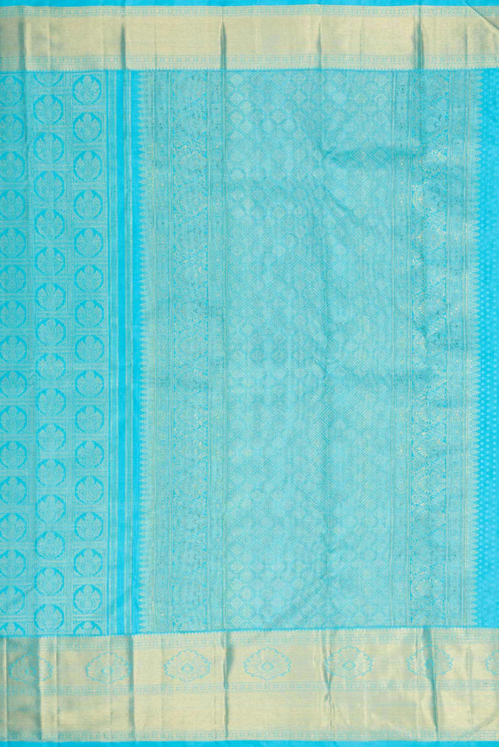 Close up image of the pallu of Pure Silk Pure Zari Sky Blue Dual Tone Kanchipuram Saree with Zari Brocade on the body and Zari Border
