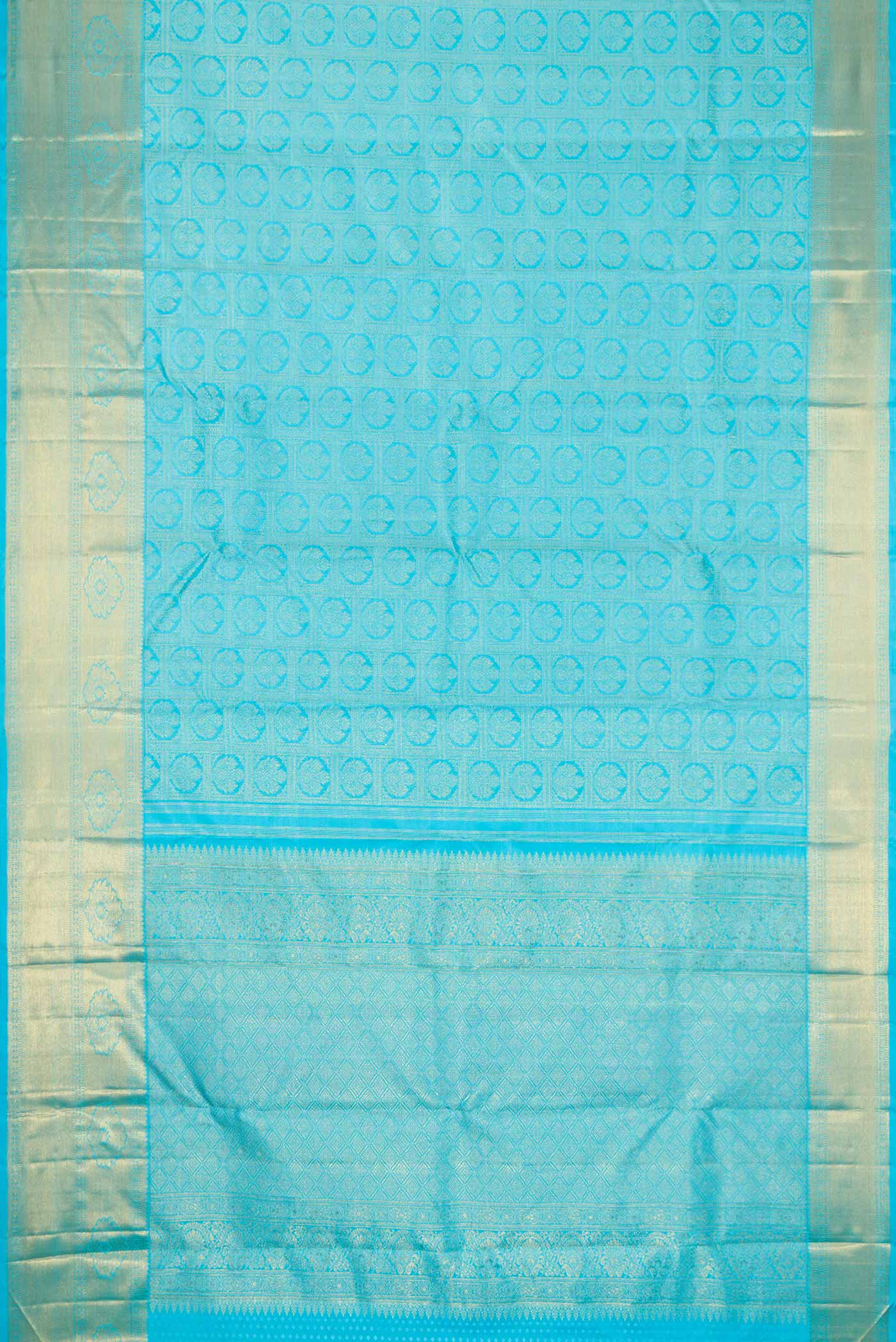 Flat view of Pure Silk Pure Zari Sky Blue Dual Tone Kanchipuram Saree with Zari Brocade on the body and Zari Border
