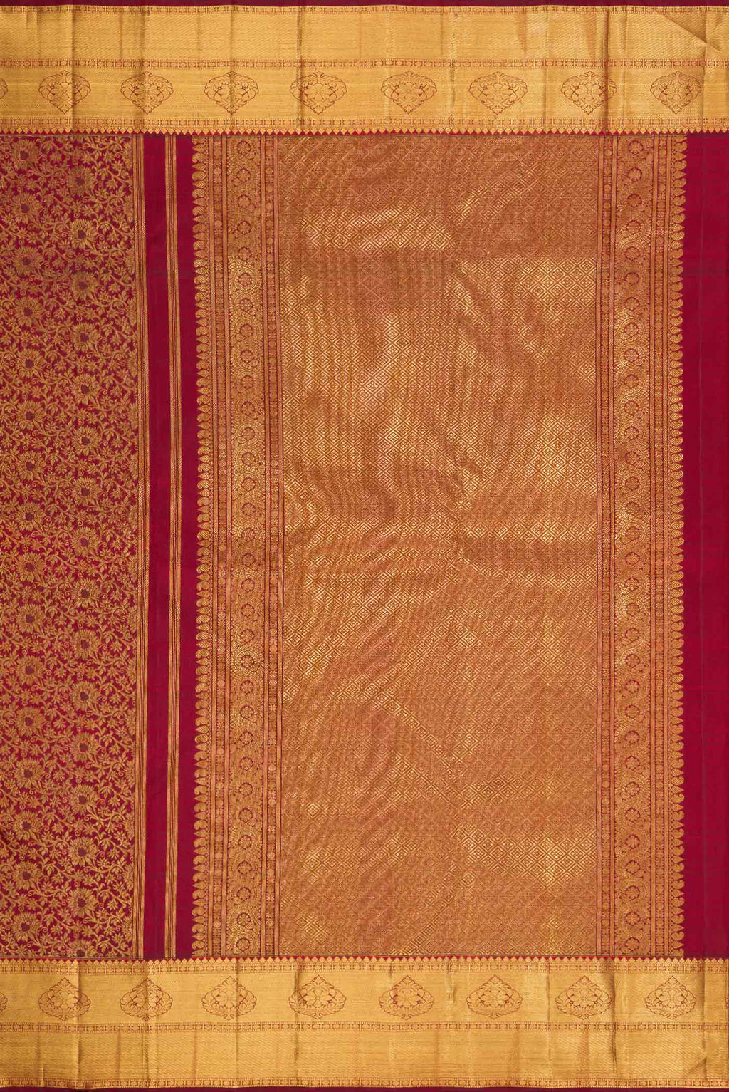 Close up image of the pallu of Pure Silk Pure Zari Maroon Dual Tone Kanchipuram Saree with Zari Brocade on the body and Zari Border
