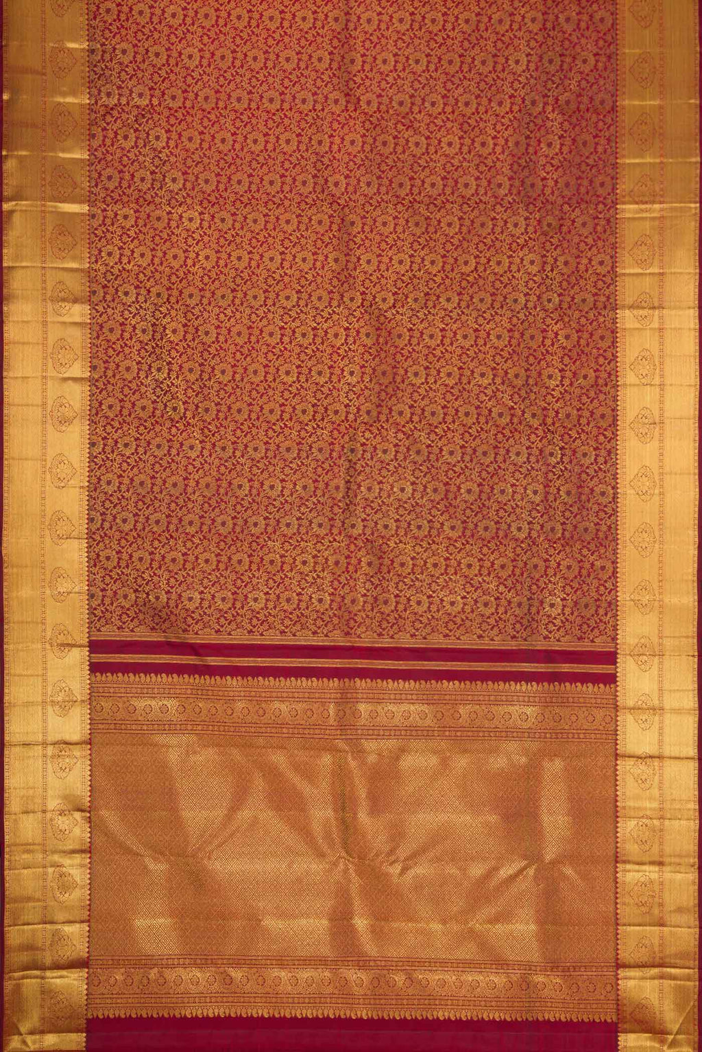 Flat view of Pure Silk Pure Zari Maroon Dual Tone Kanchipuram Saree with Zari Brocade on the body and Zari Border