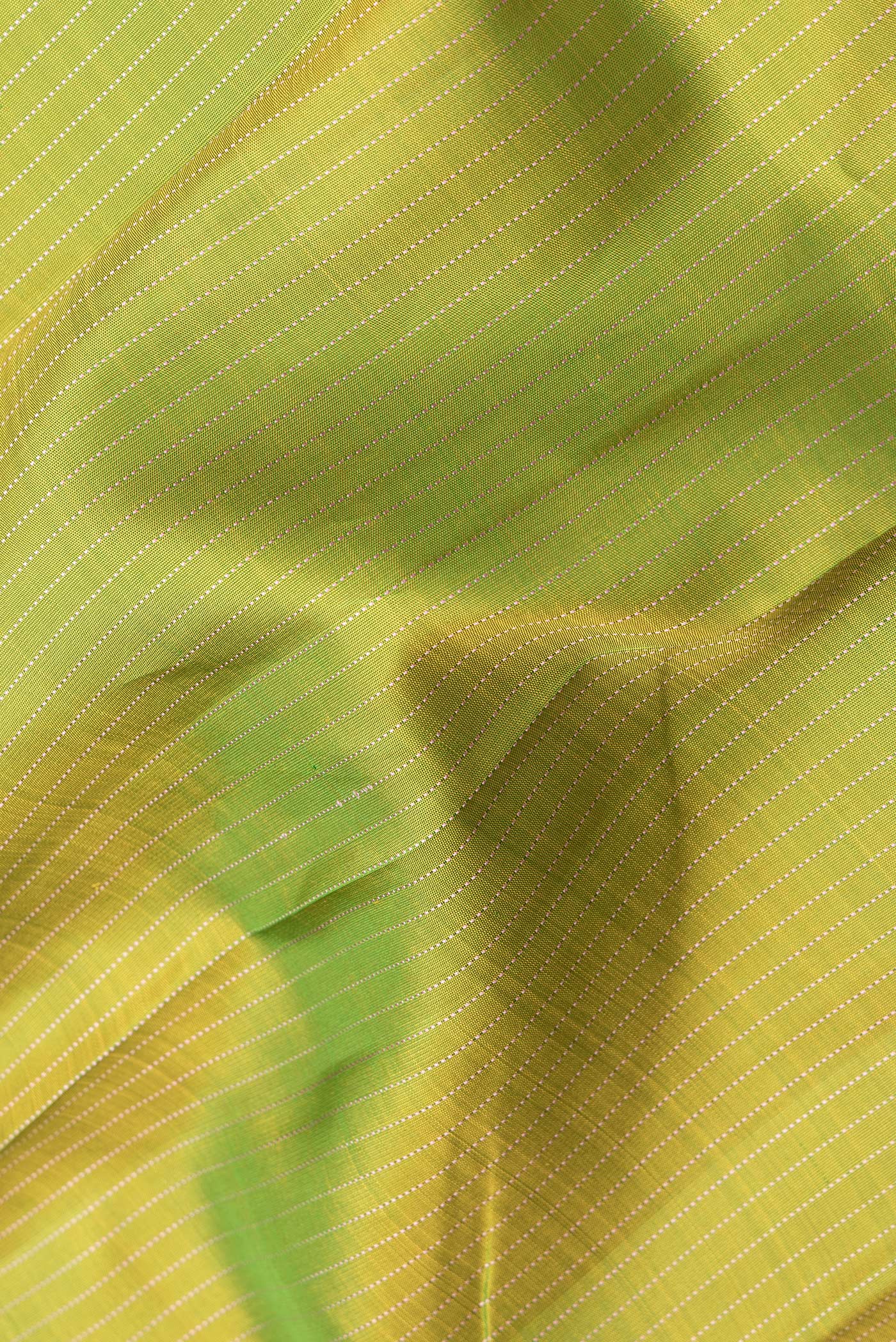 Close up of Parrot Green Dual Tone Kanjivaram Silk Saree with Stripes on the body and Thin Zari Line.  displaying folds