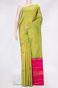 Parrot Green Dual Tone Kanjivaram Silk Saree with Stripes on the body and Thin Zari Line.  displayed on a mannequin