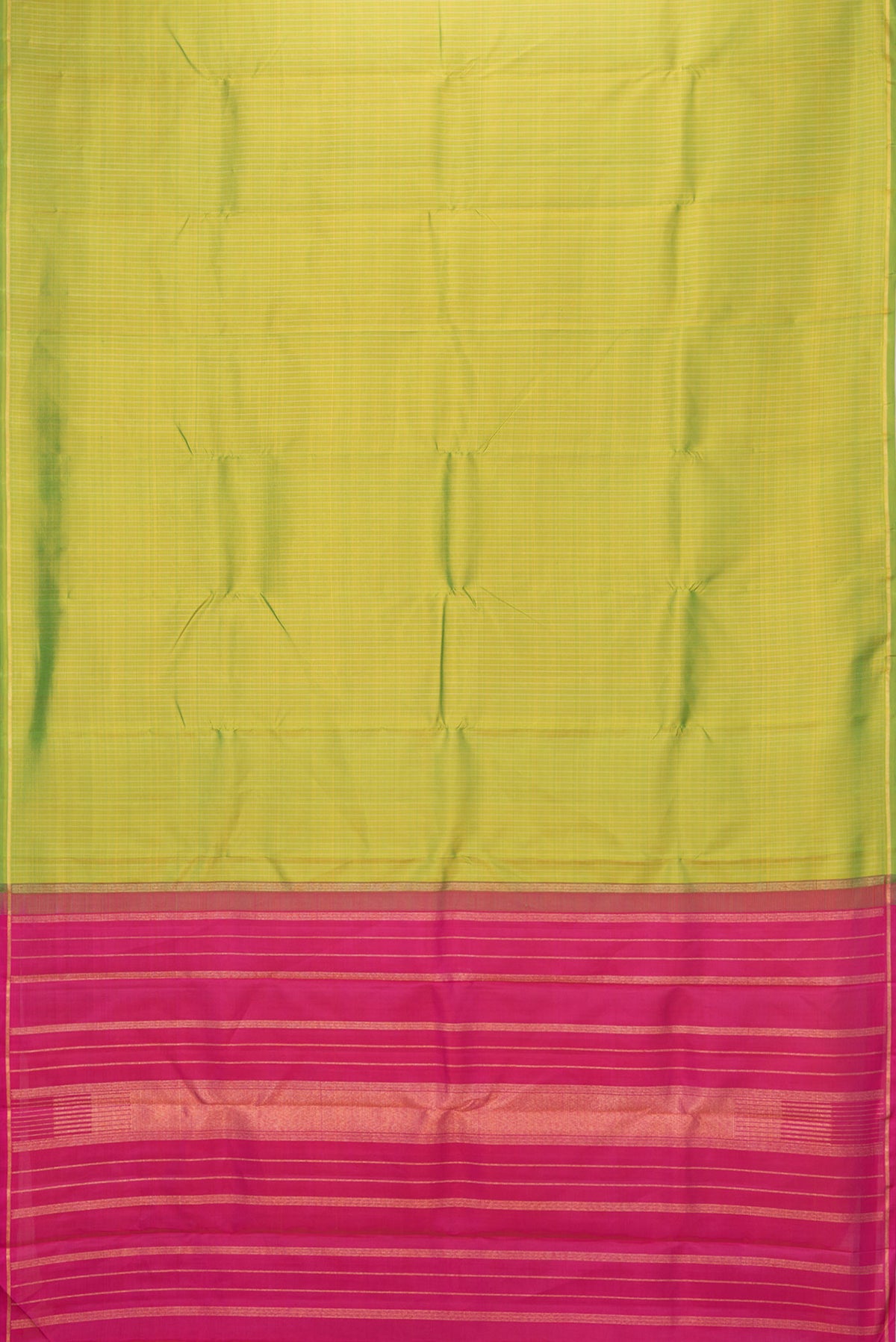 Flat view of Parrot Green Dual Tone Kanjivaram Silk Saree with Stripes on the body and Thin Zari Line. 