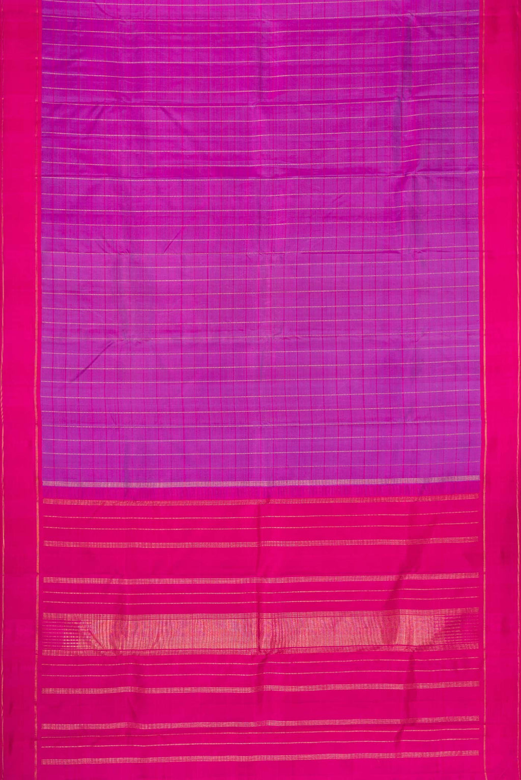 Flat view of Purple Dual Tone Kanjivaram Silk Saree with Checked design on the body and Zari Border. 