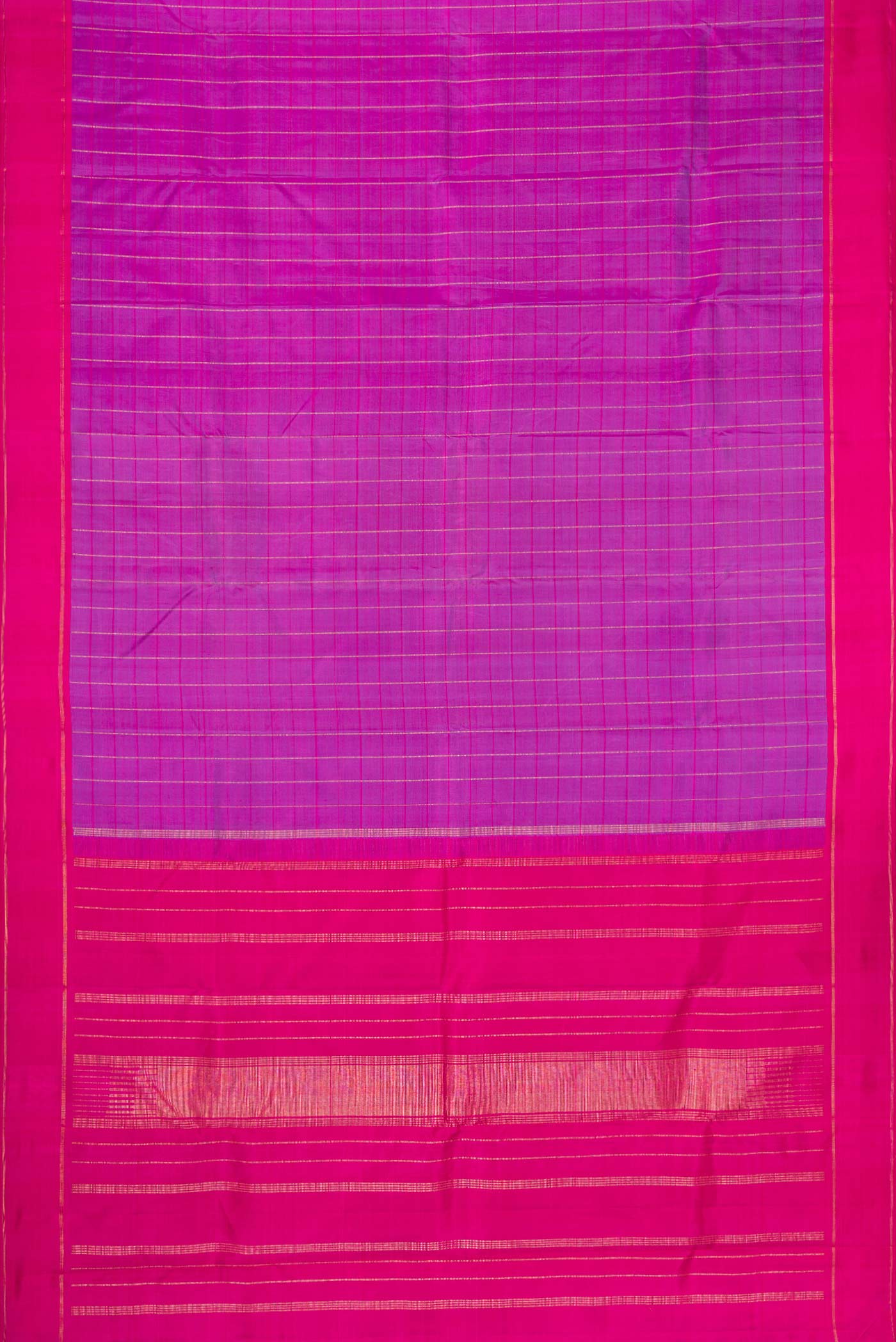 Flat view of Purple Dual Tone Kanjivaram Silk Saree with Checked design on the body and Zari Border. 