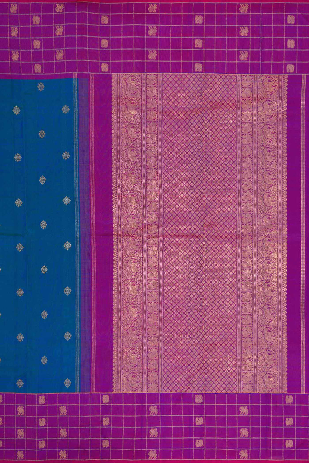 Close up image of the pallu of Pure Silk Pure Zari Peacock Blue Dual Tone Kanchipuram Saree with Zari Butta on the body and Zari Border