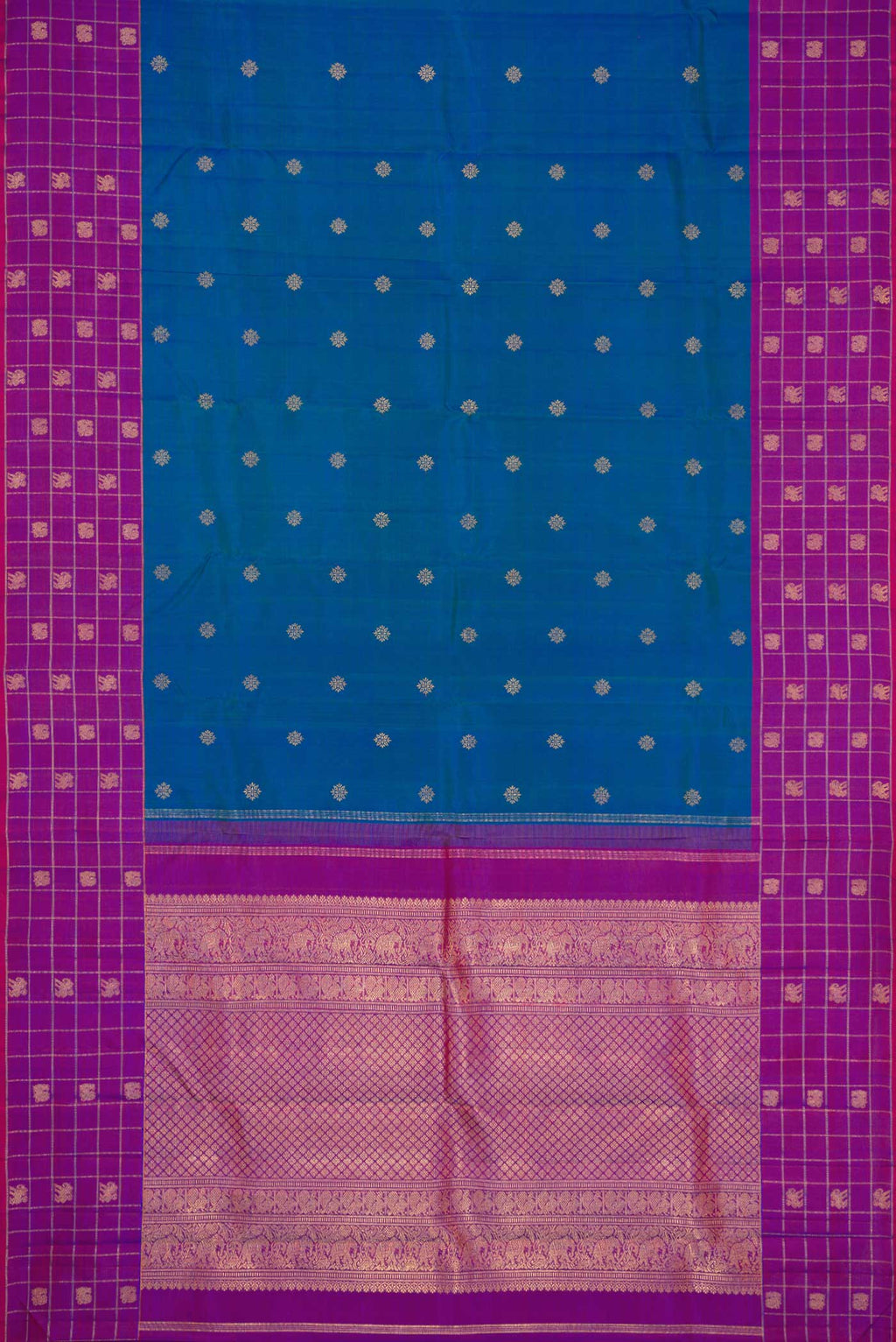 Flat view of Pure Silk Pure Zari Peacock Blue Dual Tone Kanchipuram Saree with Zari Butta on the body and Zari Border
