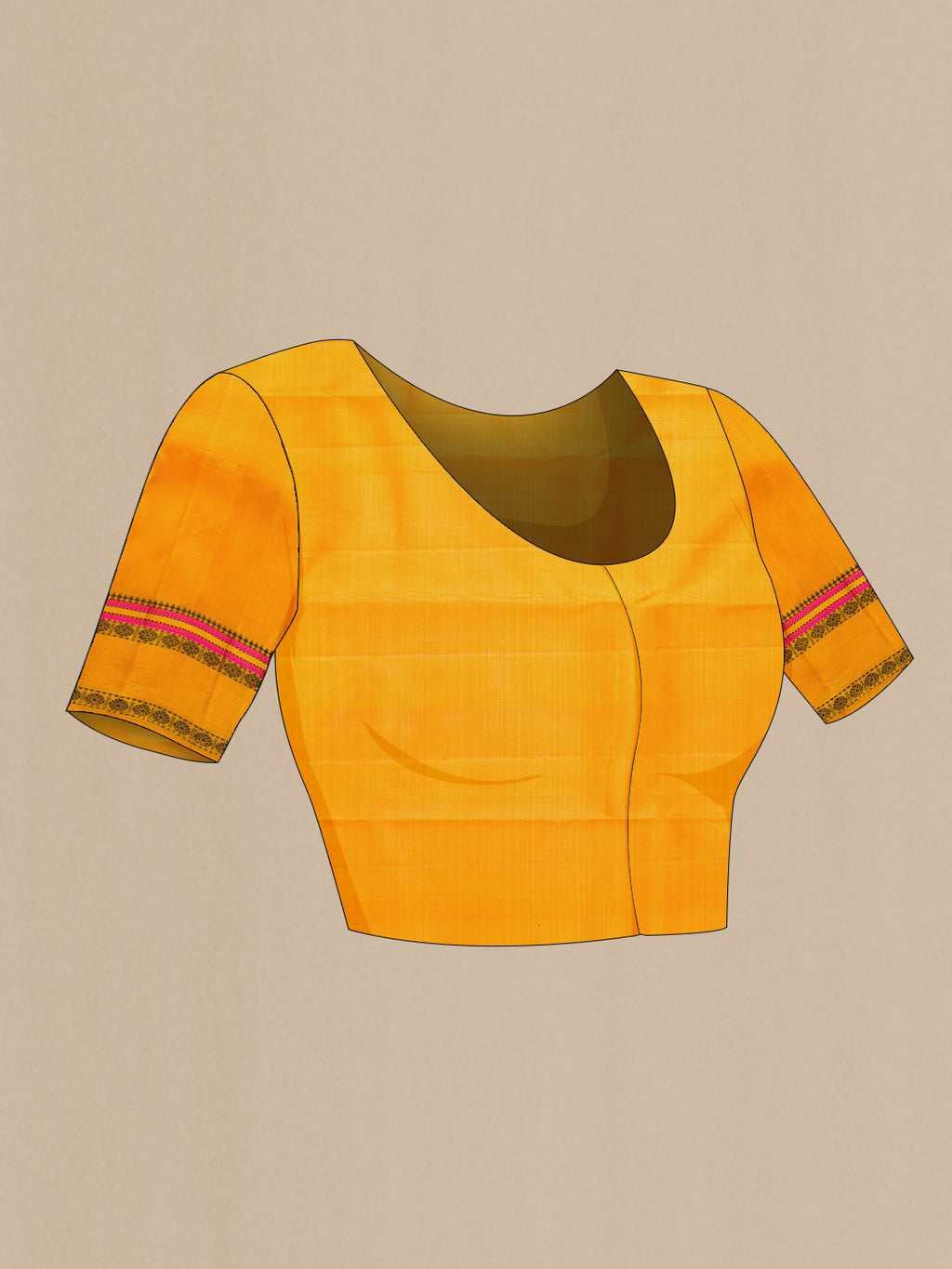 Close up image of the blouse of Maroon Dual Tone Kanjivaram Silk Saree with Plain Body and Thread Border. 