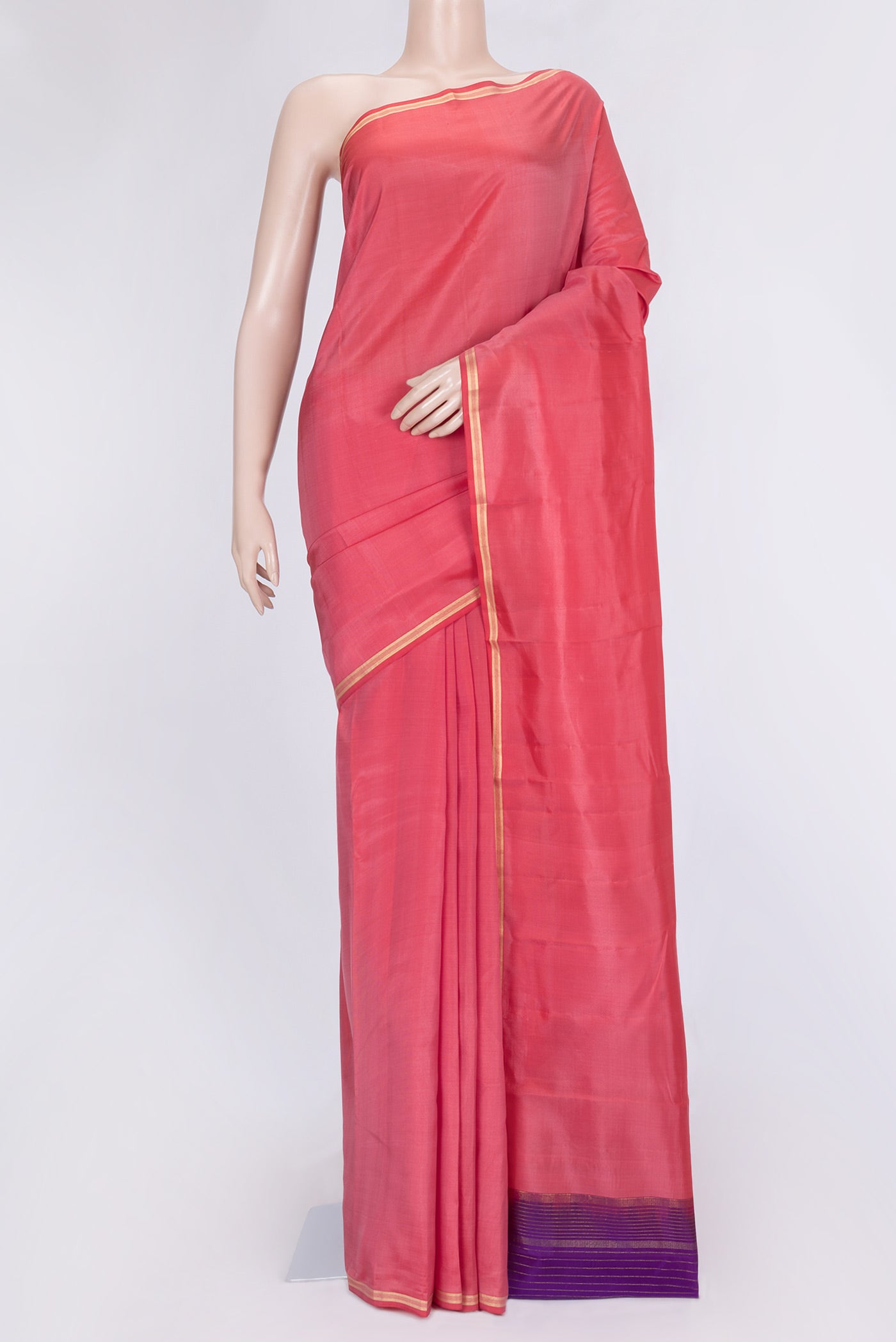 Pink Dual Tone Kanjivaram Silk Saree with Zari Butta on the body and Zari Border.  displayed on a mannequin