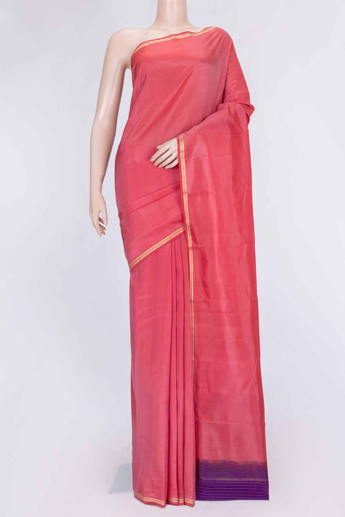 Pink Dual Tone Kanjivaram Silk Saree with Zari Butta on the body and Zari Border.  displayed on a mannequin