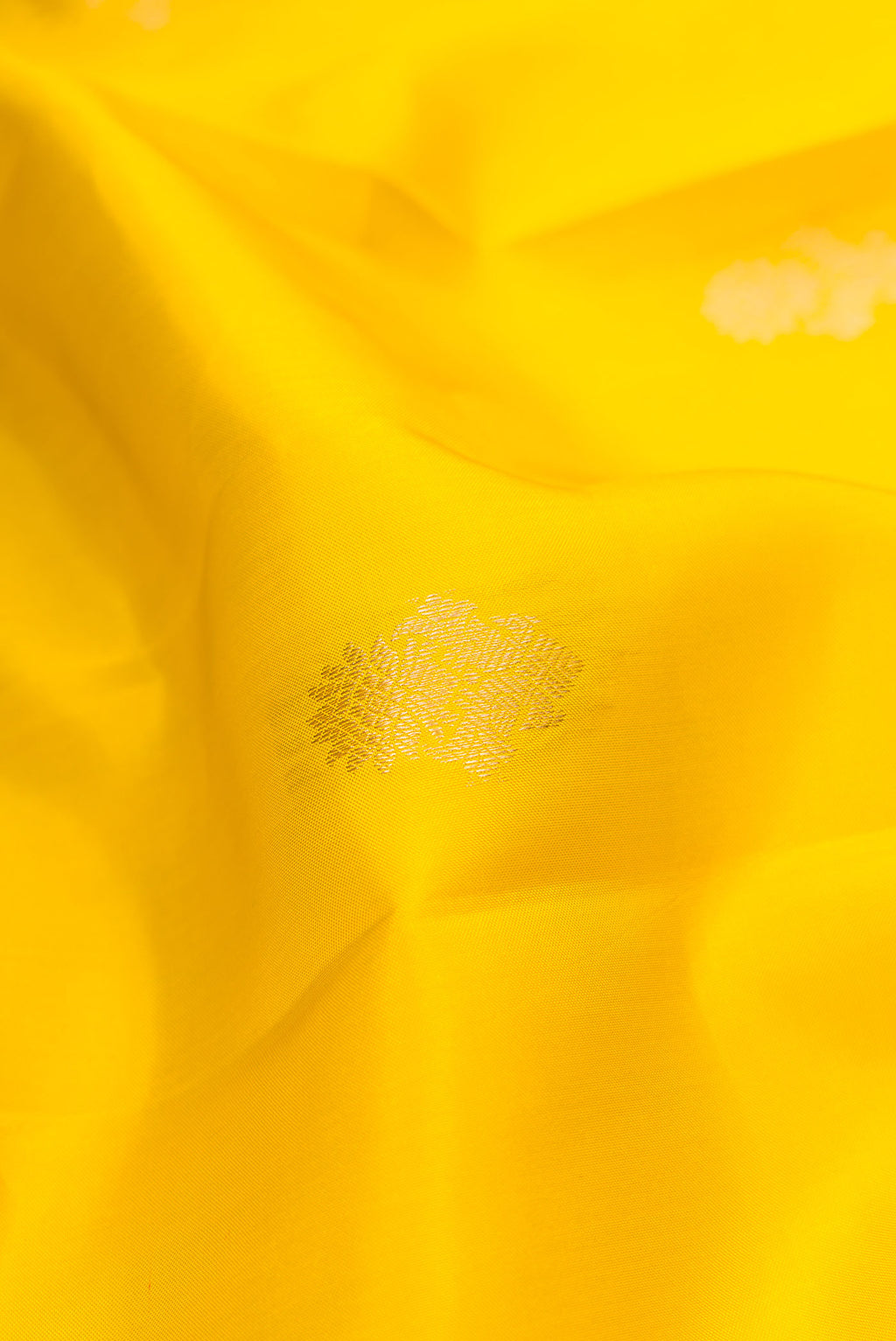 Close up of Yellow Dual Tone Kanchipuram Silk Saree with Zari Butta on the body and Zari Border displaying folds