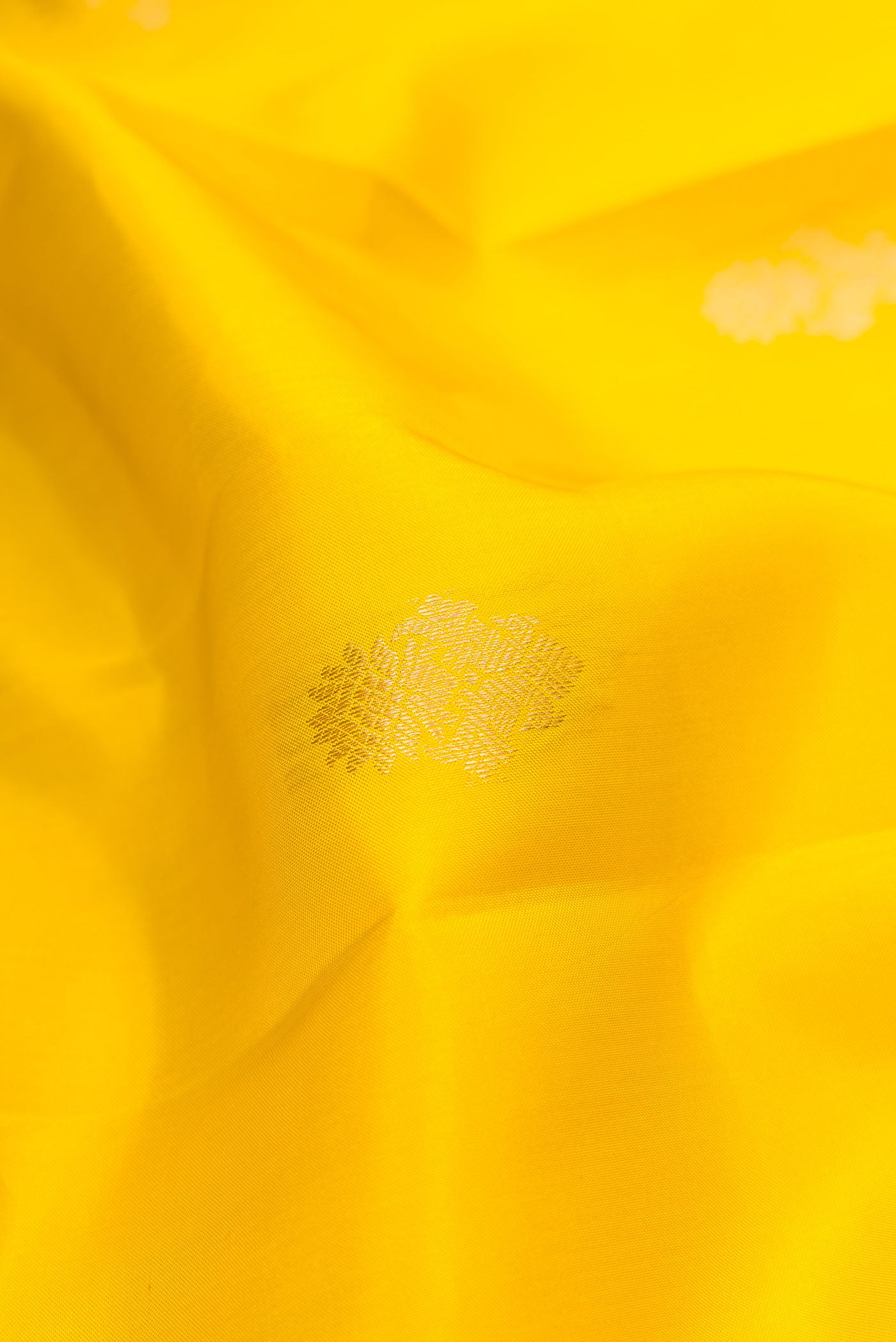 Close up of Yellow Dual Tone Kanchipuram Silk Saree with Zari Butta on the body and Zari Border displaying folds