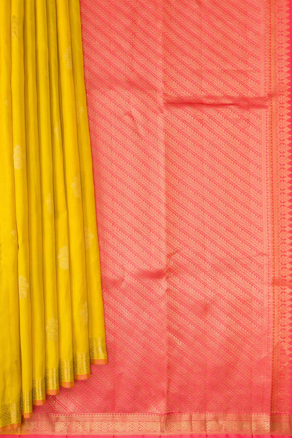 Pleats and pallu of Yellow Dual Tone Kanchipuram Silk Saree with Zari Butta on the body and Zari Border