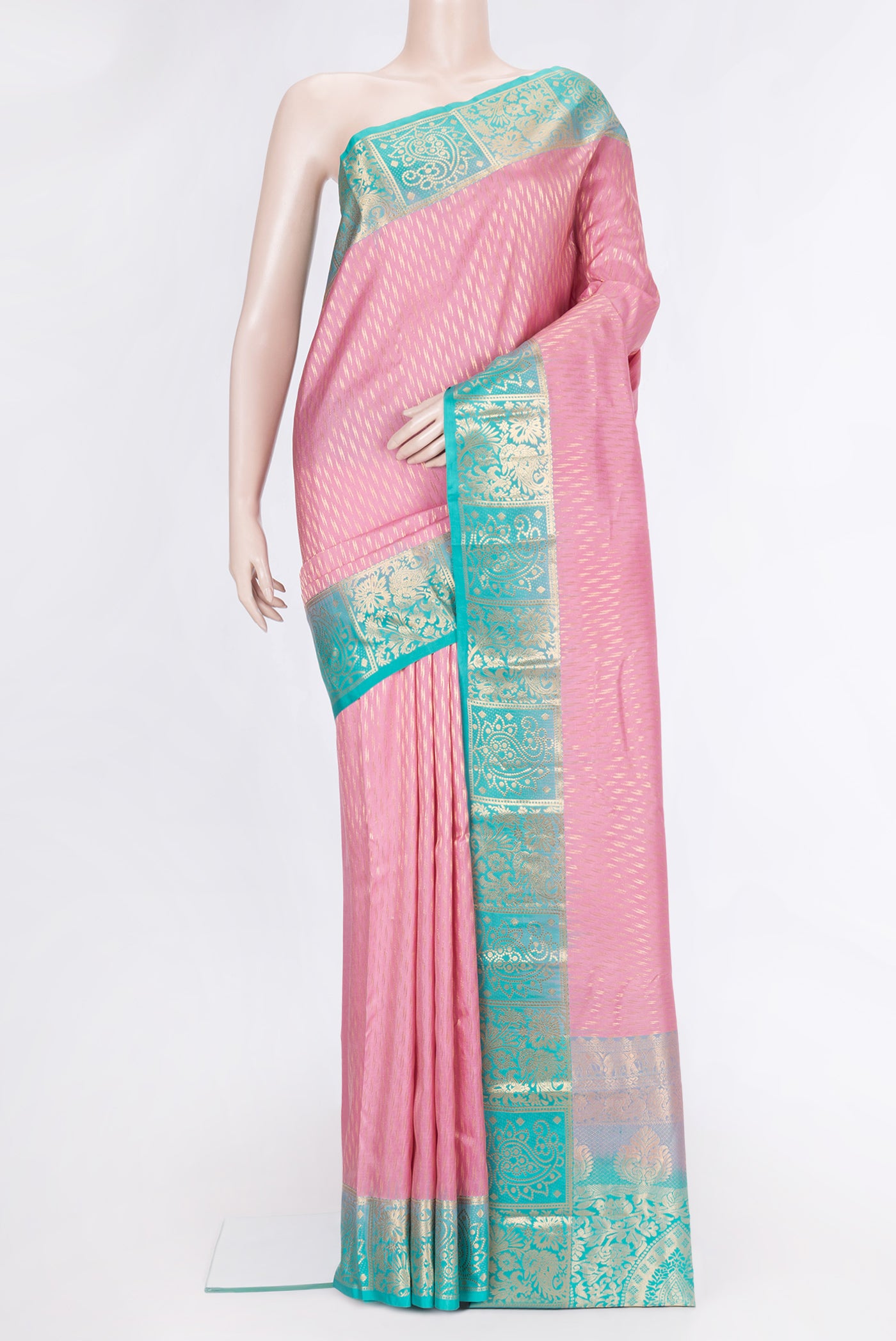 Pink Dual Tone Kanchipuram Silk Saree with Zari Butta on the body and Zari Border.  displayed on a mannequin