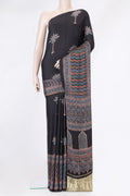 Black Dual Tone Blended Crepe Saree with Ajrakh Print on the body and Printed Border.  displayed on a mannequin