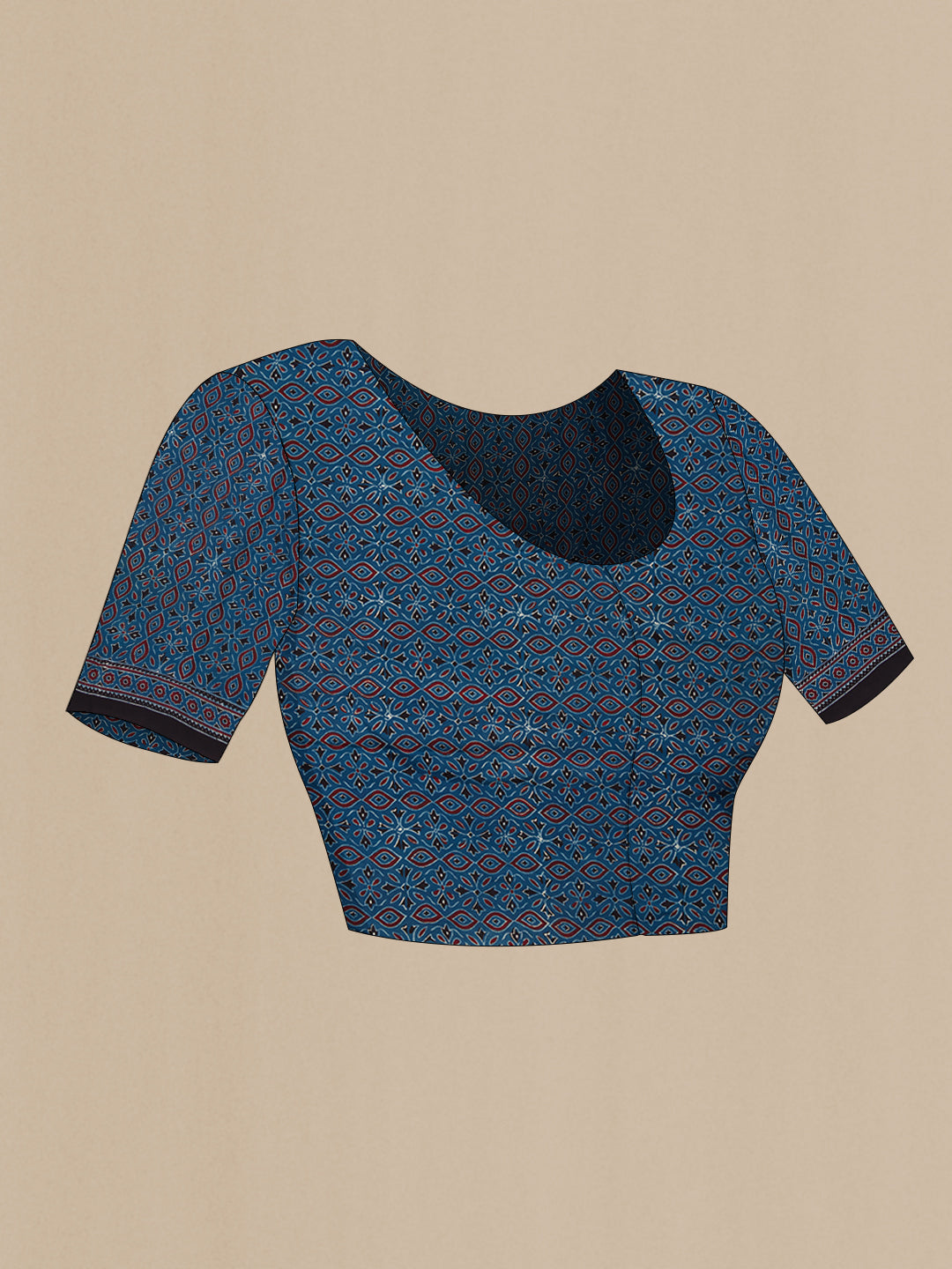 Close up image of the blouse of Navy Blue Dual Tone Crepe Saree with Ajrakh Print on the body and Printed Border. 