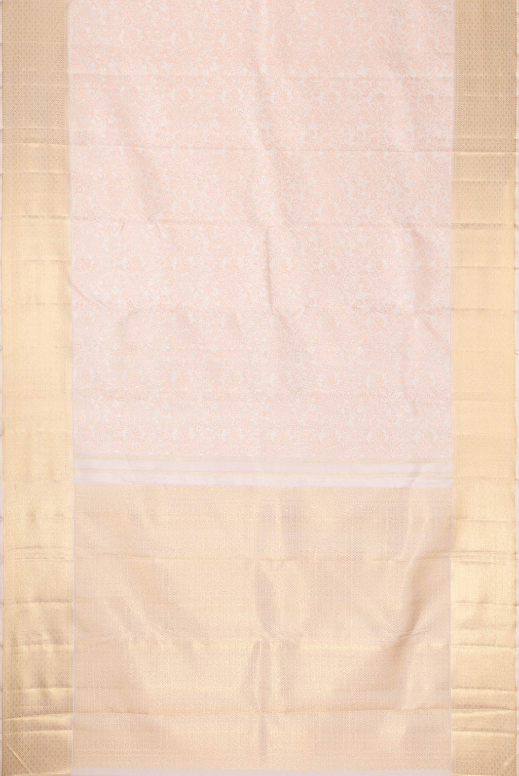 Flat view of Pure Silk Pure Zari Rose pink Kanchipuram Saree with Zari Brocade on the body and Zari Border