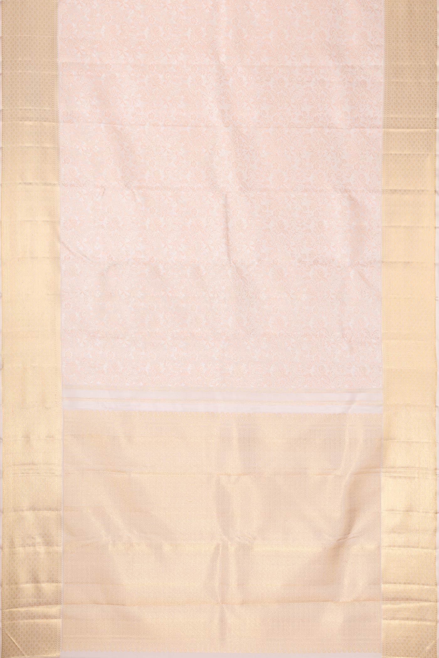 Flat view of Pure Silk Pure Zari Rose pink Kanchipuram Saree with Zari Brocade on the body and Zari Border
