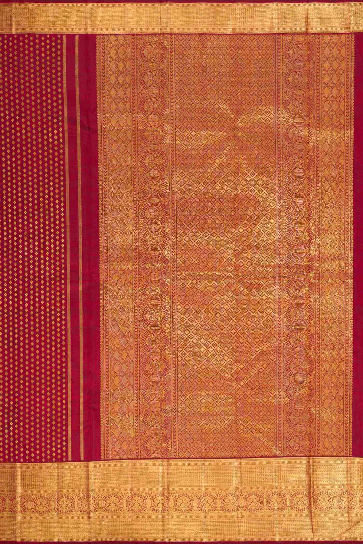 Close up image of the pallu of Pure Silk Pure Zari Maroon Dual Tone Kanchipuram Saree with Zari Brocade on the body and Zari Border
