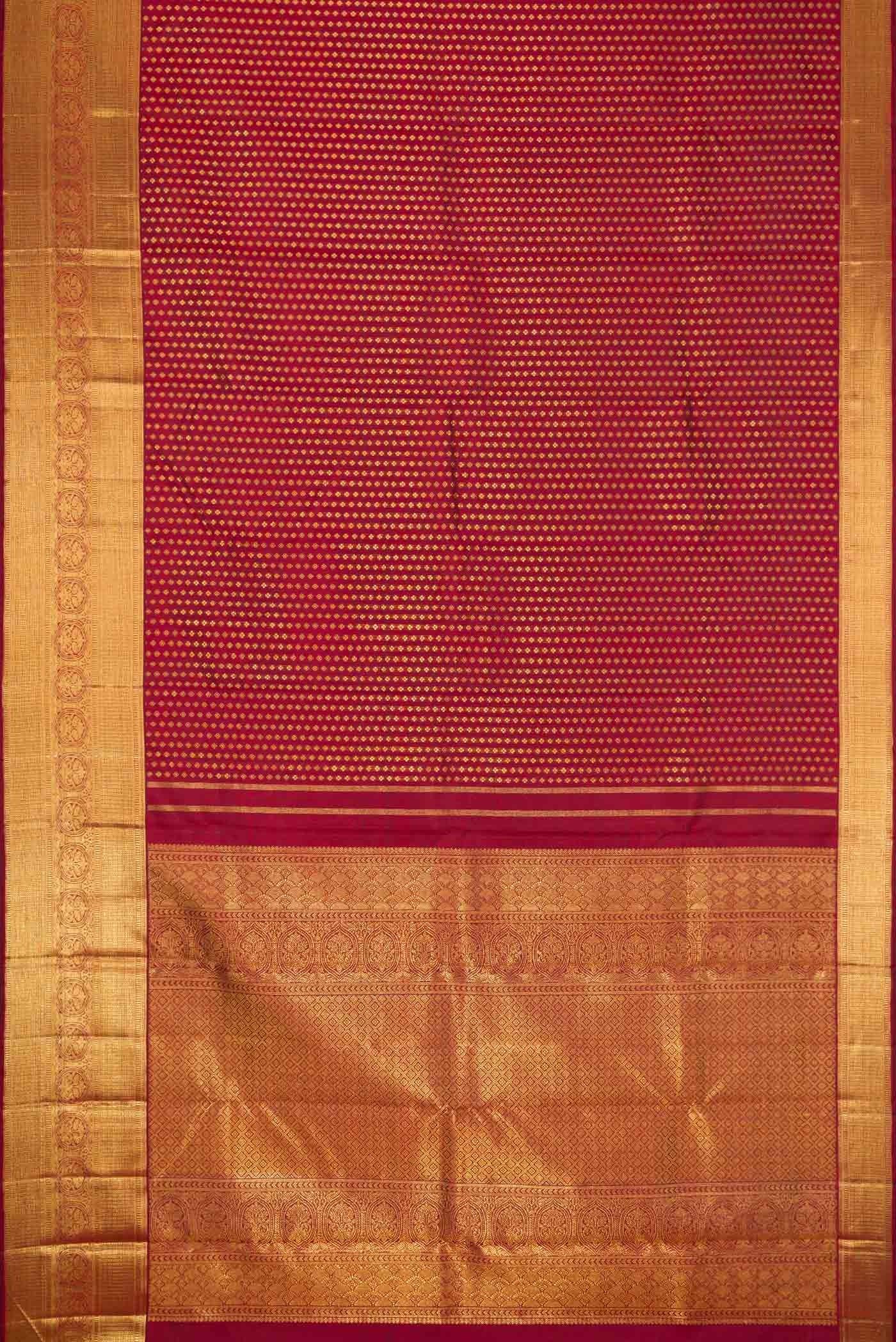 Flat view of Pure Silk Pure Zari Maroon Dual Tone Kanchipuram Saree with Zari Brocade on the body and Zari Border
