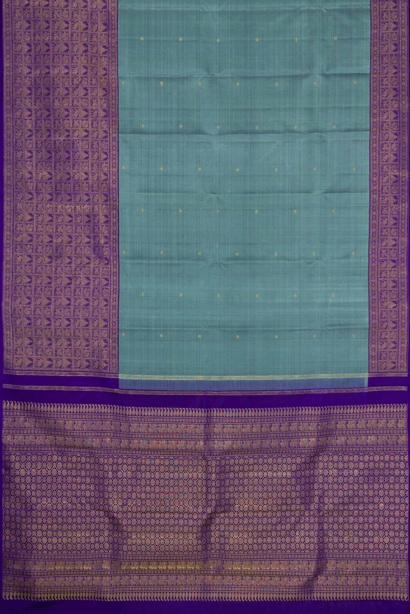 Flat view of Pure Silk Pure Zari Maya Blue Dual Tone Kanjivaram Saree with Zari Butta on the body and Fancy Border. 