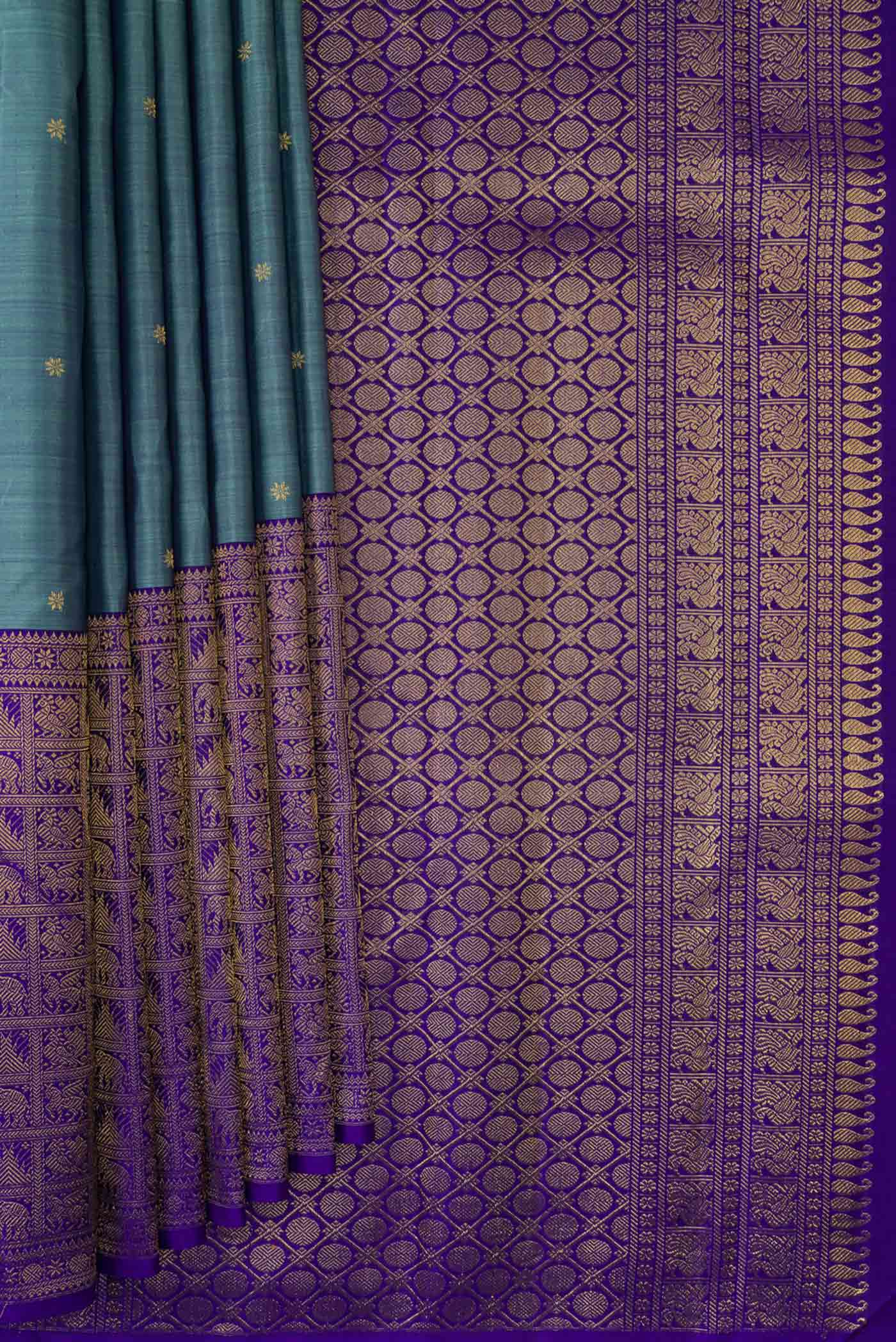 Pleats and pallu of Pure Silk Pure Zari Maya Blue Dual Tone Kanjivaram Saree with Zari Butta on the body and Fancy Border. 
