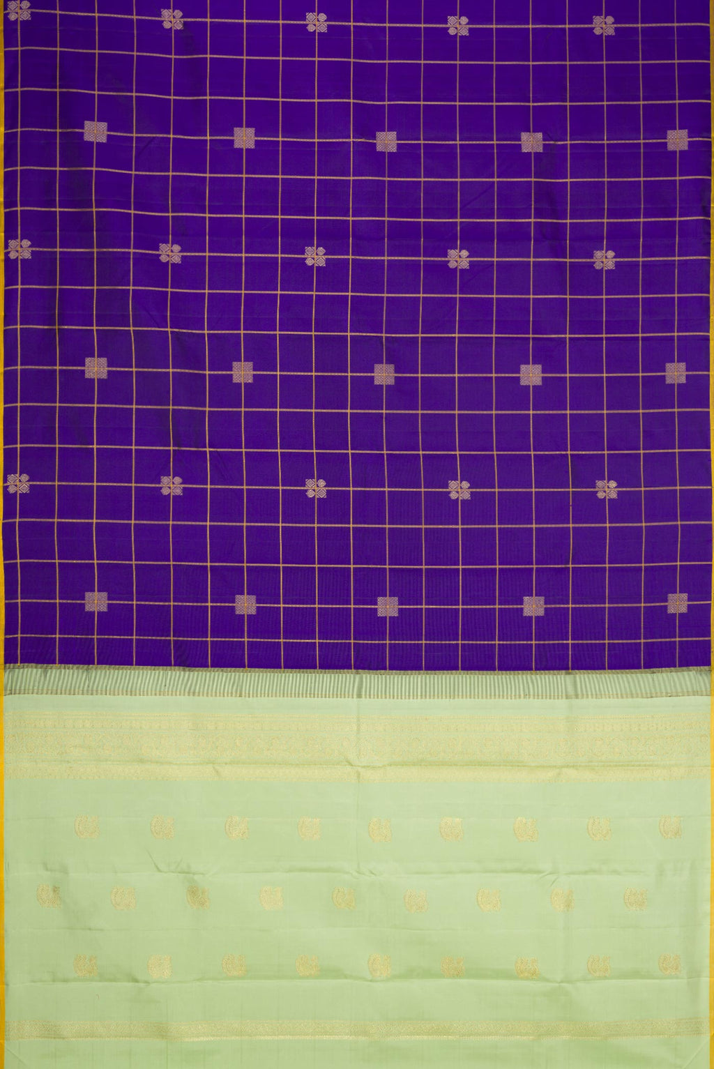 Flat view of Royal Blue Dual Tone Kanchipuram Silk Saree with Checked design on the body and Thin Zari Line