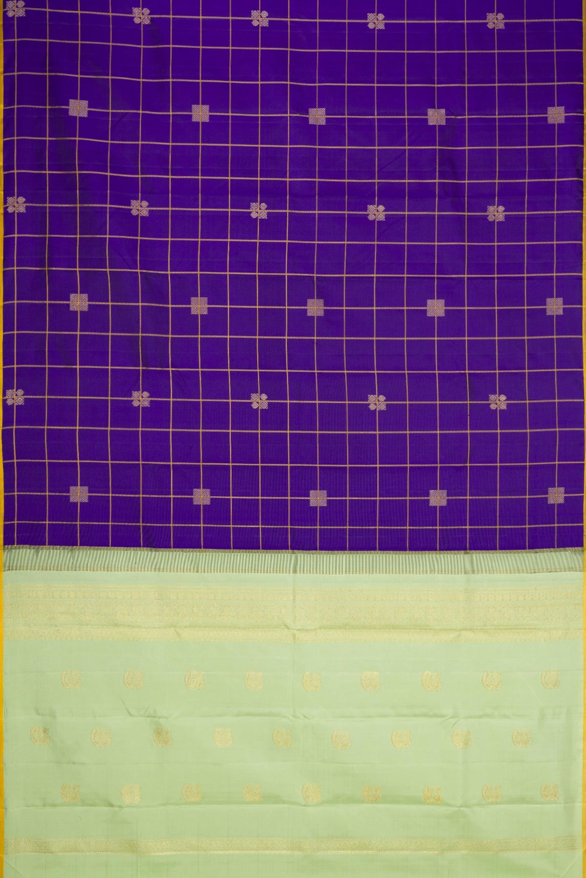 Flat view of Royal Blue Dual Tone Kanchipuram Silk Saree with Checked design on the body and Thin Zari Line
