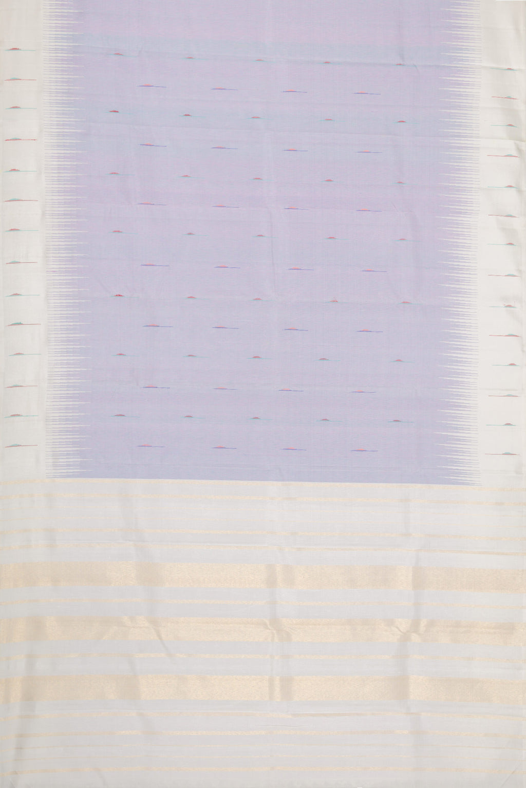 Flat view of Pure Silk Pure Zari Lavender Dual Tone Kanjivaram Saree with Thread Butta on the body and Thread Border. 