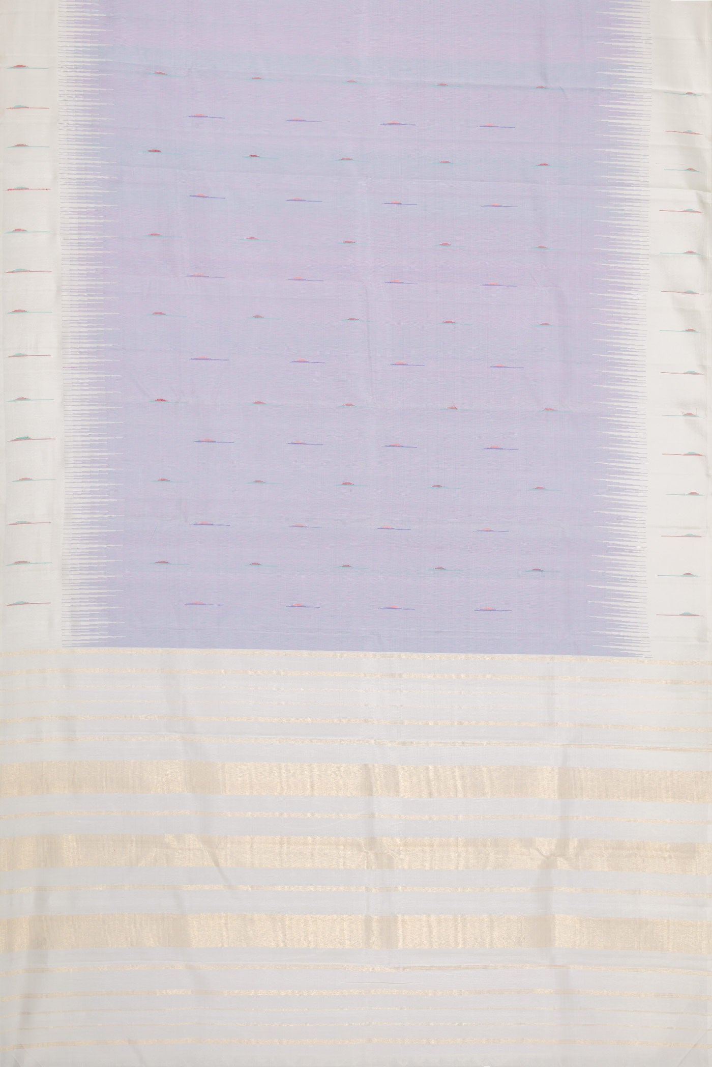 Flat view of Pure Silk Pure Zari Lavender Dual Tone Kanjivaram Saree with Thread Butta on the body and Thread Border. 