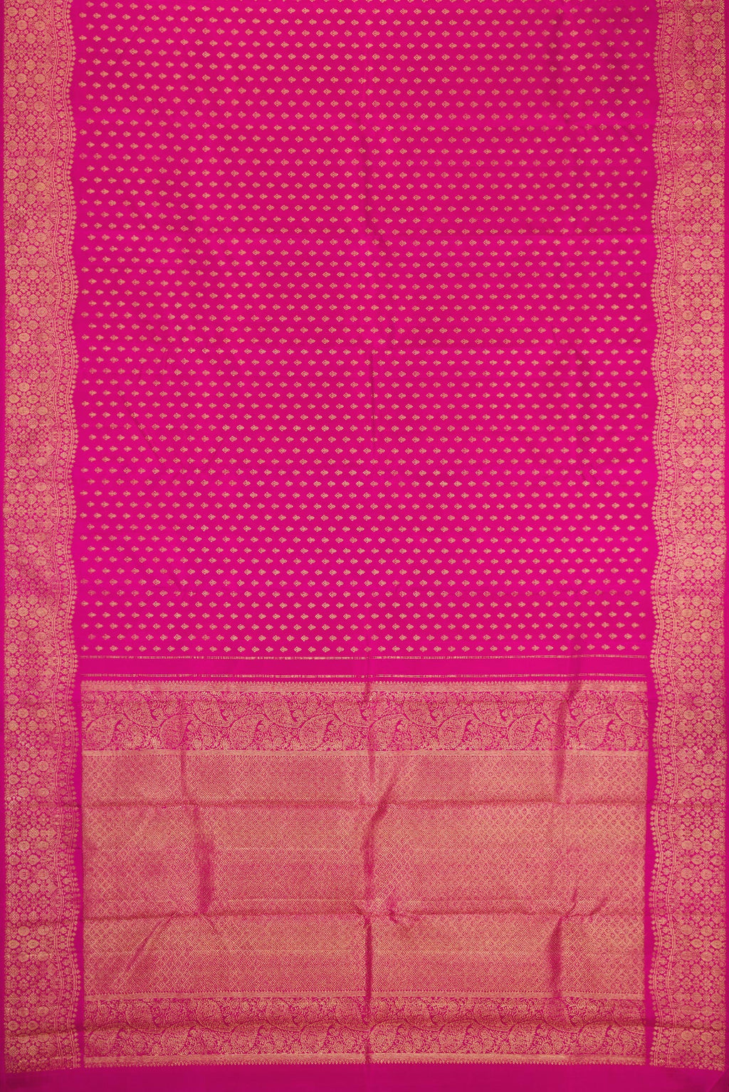 Flat view of Pure Silk Pure Zari Pink Dual Tone Kanjivaram Saree with Zari Butta on the body and Zari Border. 
