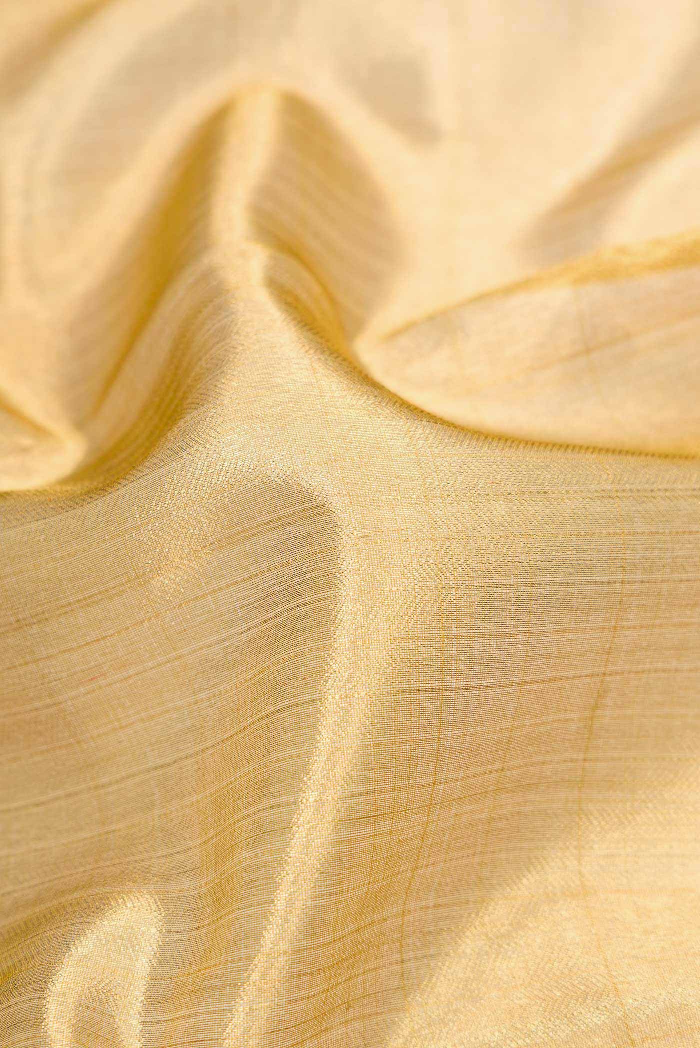 Close up of Gold Dual Tone Kanjivaram Tissue Silk Saree with Zari Brocade on the body and Zari And Thread Border.  displaying folds