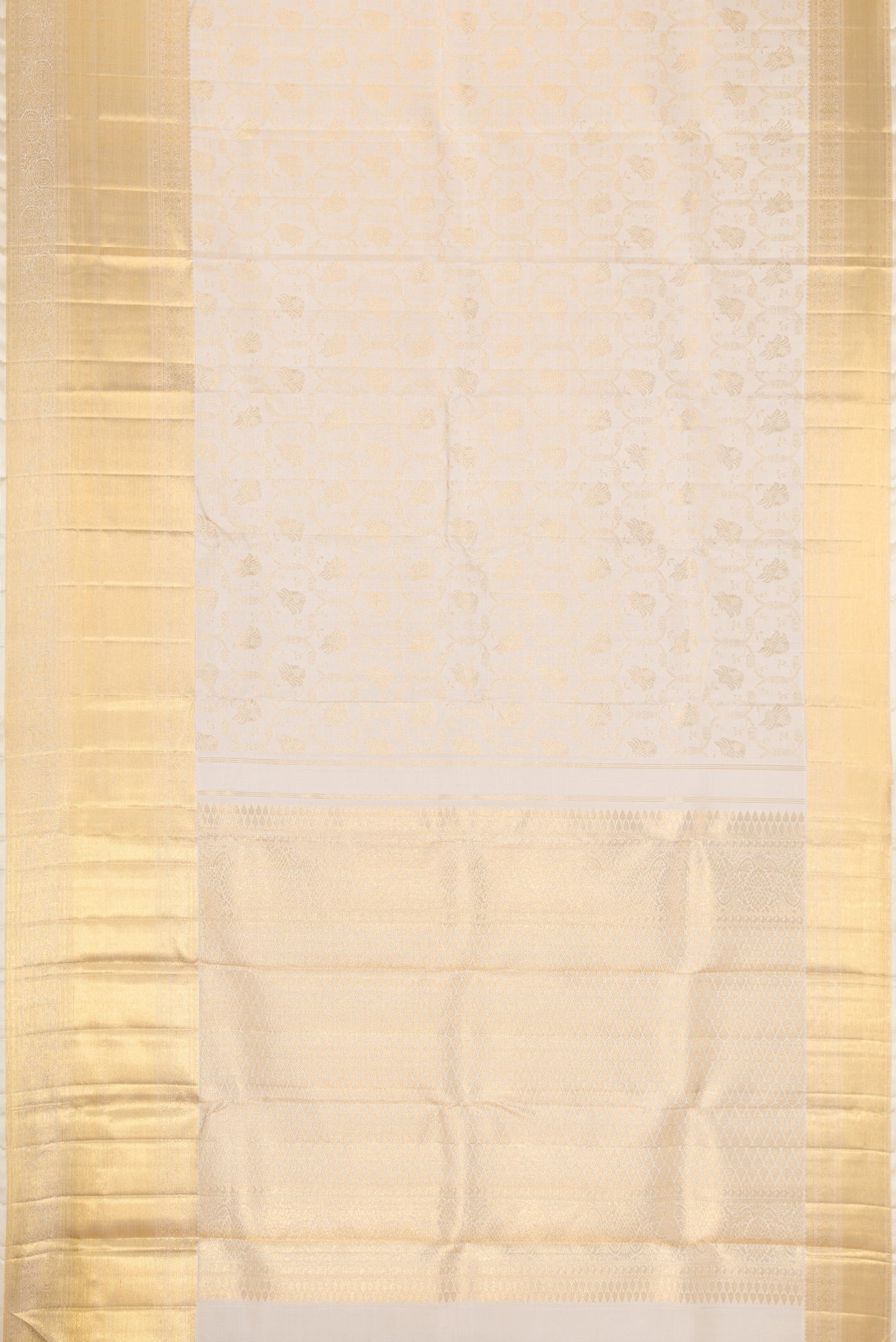 Flat view of Off White Dual Tone Kanchipuram Silk Saree with Zari Brocade on the body and Zari Border. 