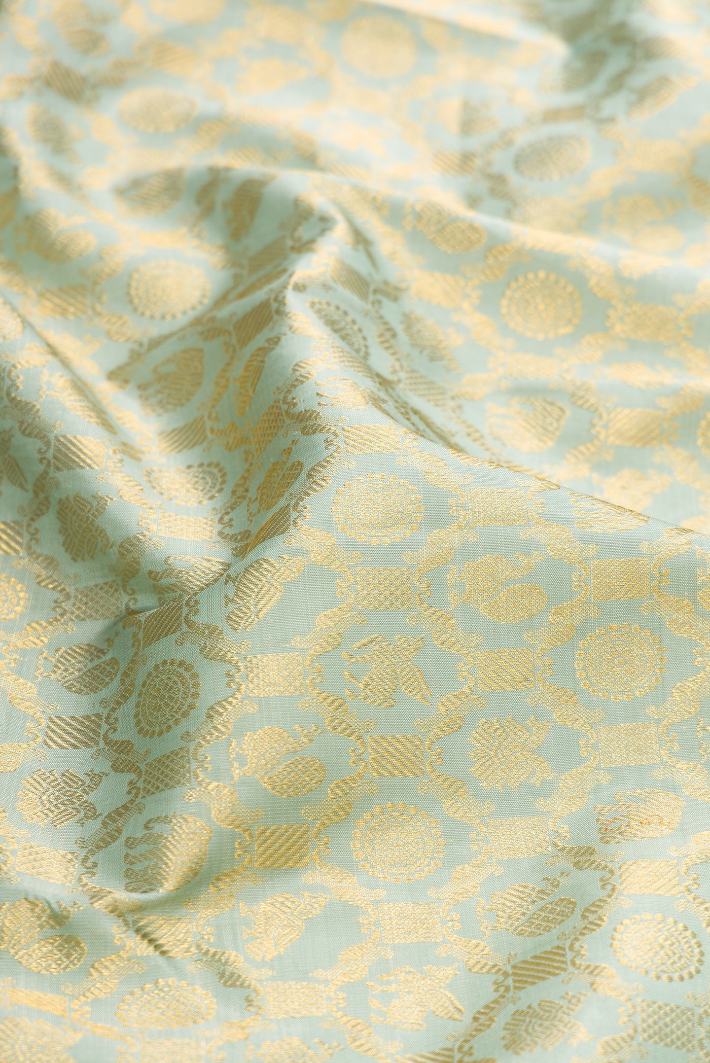 Close up of Pista Green Dual Tone Kanchipuram Silk Saree with Zari Brocade on the body and Zari Border.  displaying folds
