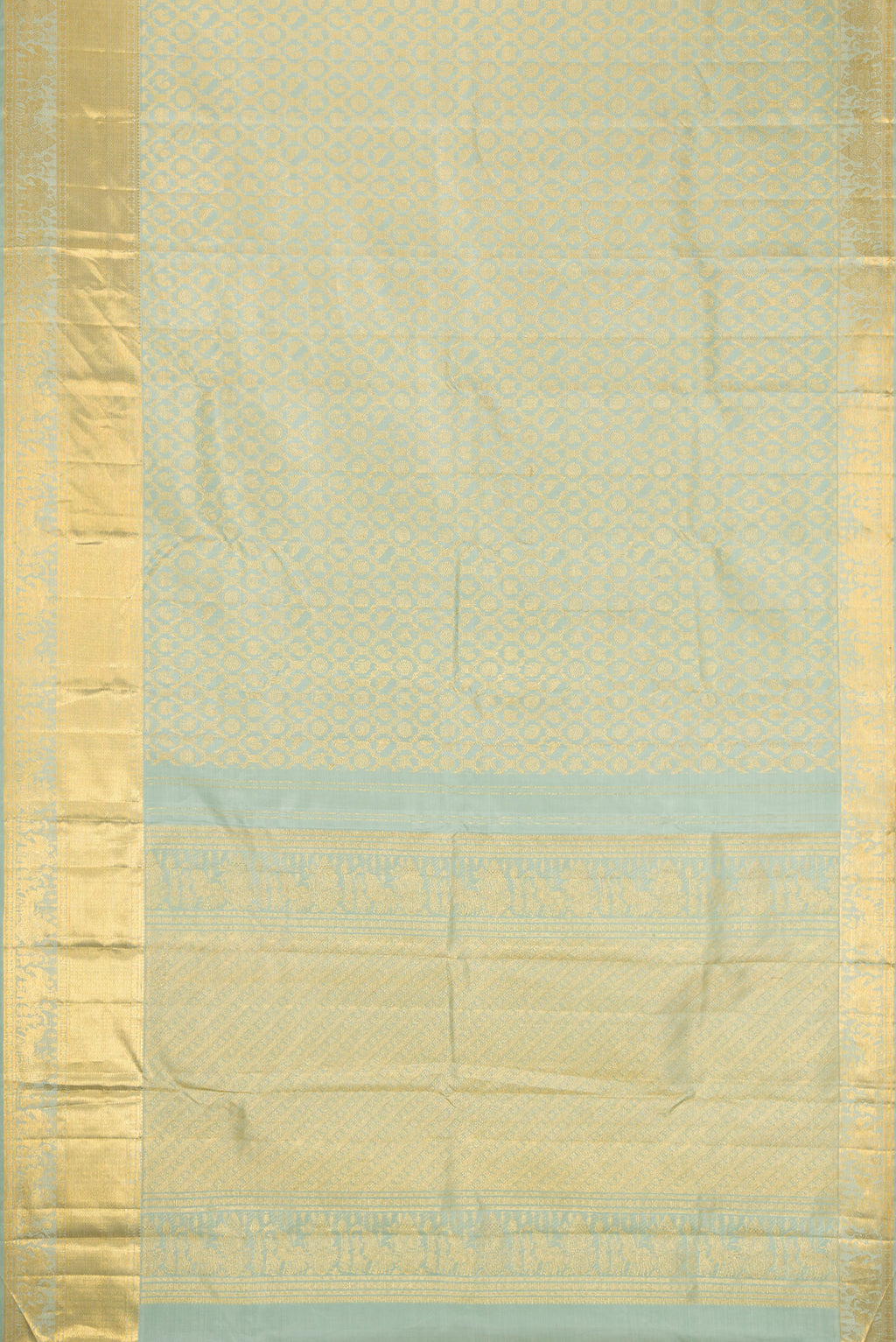 Flat view of Pista Green Dual Tone Kanchipuram Silk Saree with Zari Brocade on the body and Zari Border. 